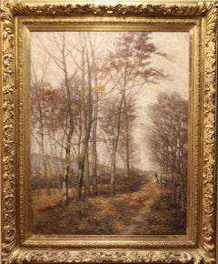 Grande peinture à l'huile ancienne "Walk in the autumn forest" par A. ou O. Hamel