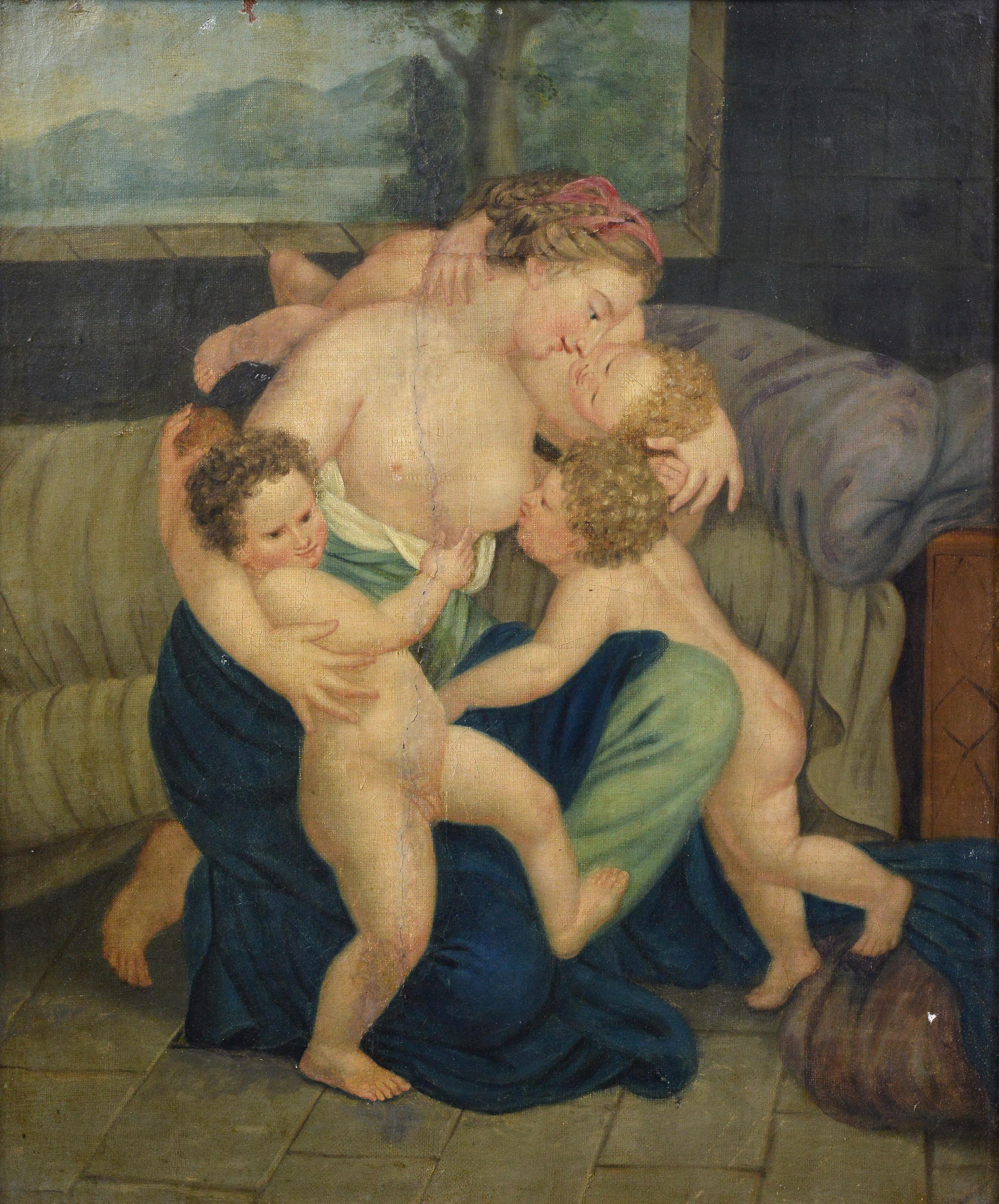 Peinture à l'huile ancienne de la fin du XVIIIe siècle Scène de charité allégorique Cadre baroque - Painting de Unknown