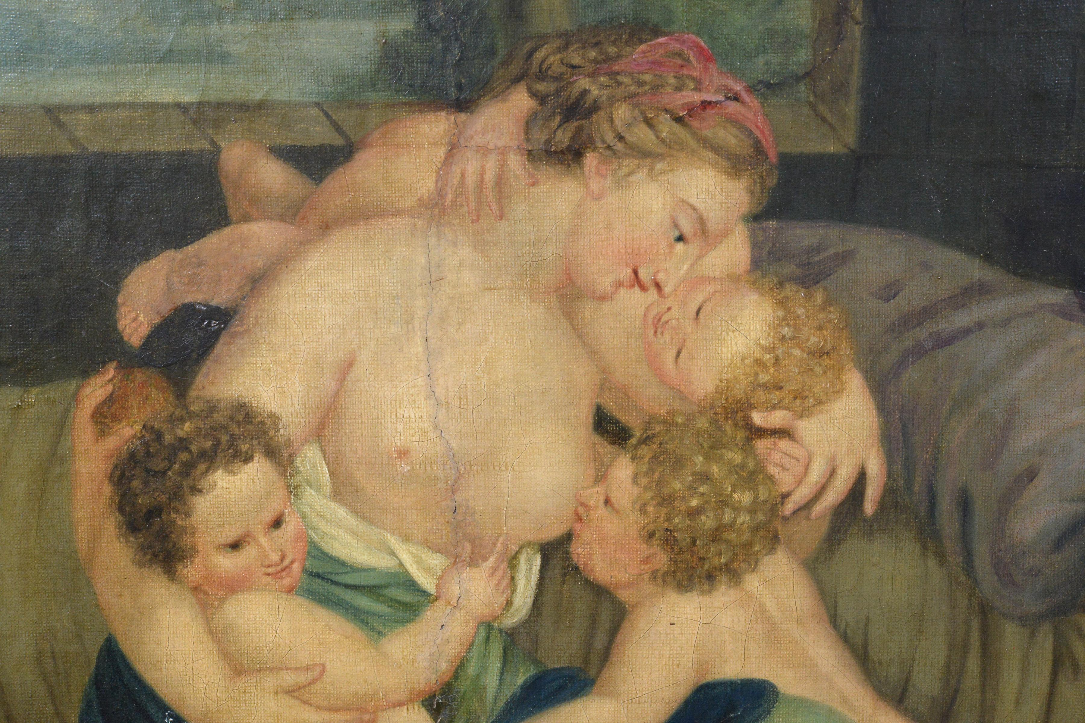 Peinture à l'huile ancienne de la fin du XVIIIe siècle Scène de charité allégorique Cadre baroque - Maîtres anciens Painting par Unknown