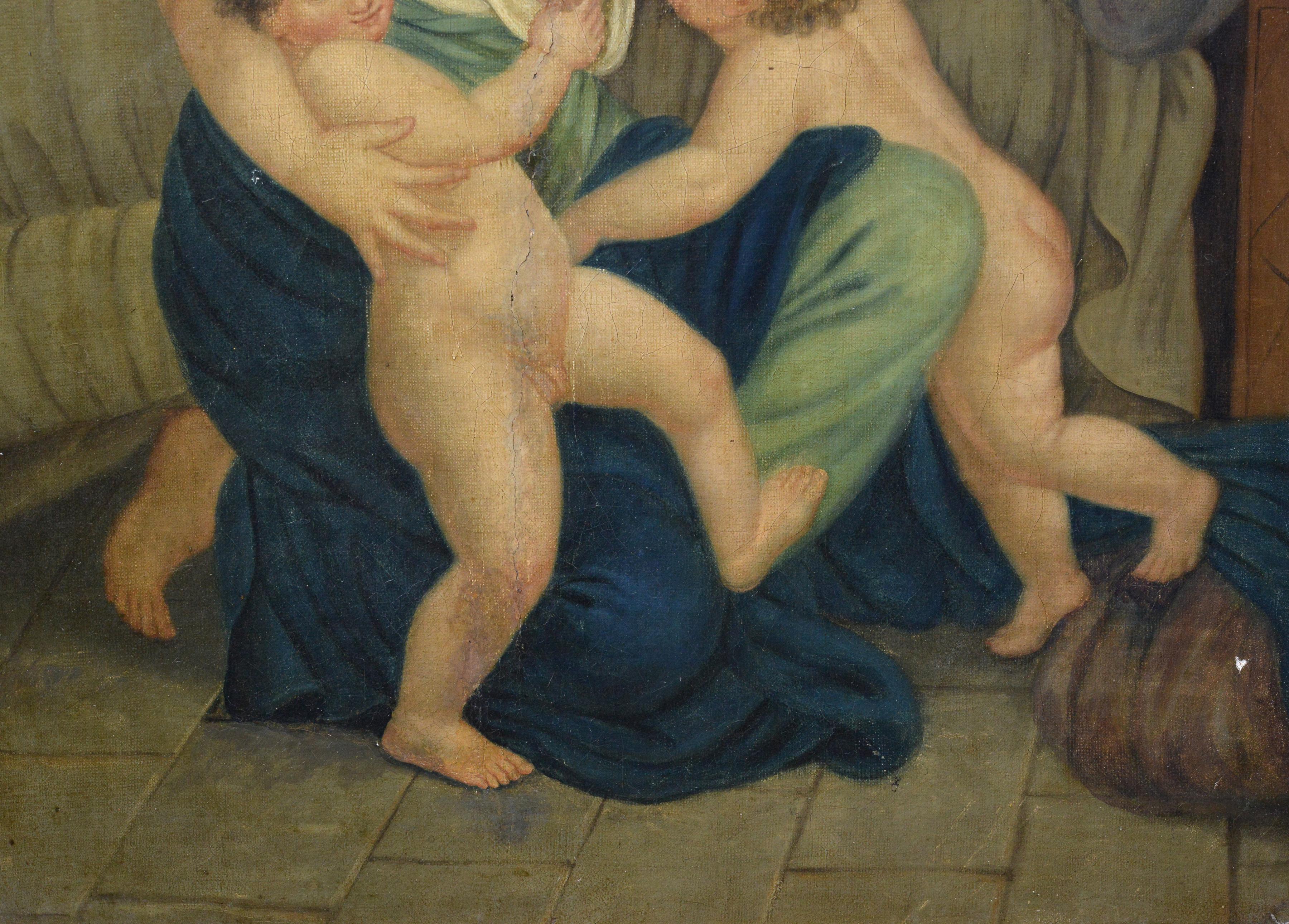 Peinture à l'huile ancienne de la fin du XVIIIe siècle Scène de charité allégorique Cadre baroque - Marron Portrait Painting par Unknown