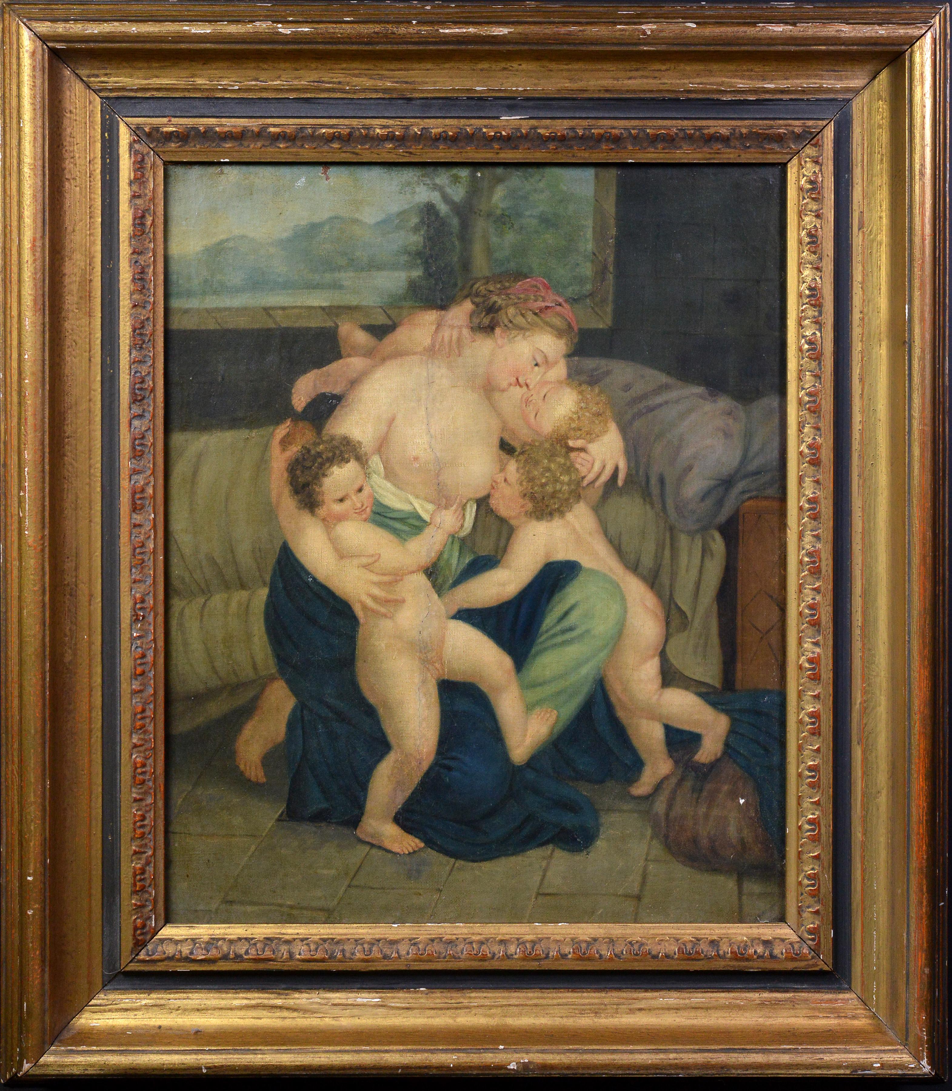 Portrait Painting Unknown - Peinture à l'huile ancienne de la fin du XVIIIe siècle Scène de charité allégorique Cadre baroque