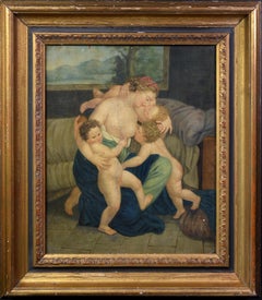 Peinture à l'huile ancienne de la fin du XVIIIe siècle Scène de charité allégorique Cadre baroque