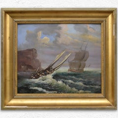 Antique Late 19th Century Romantic Seascape Sailboats in Storm Oil Panel Framed