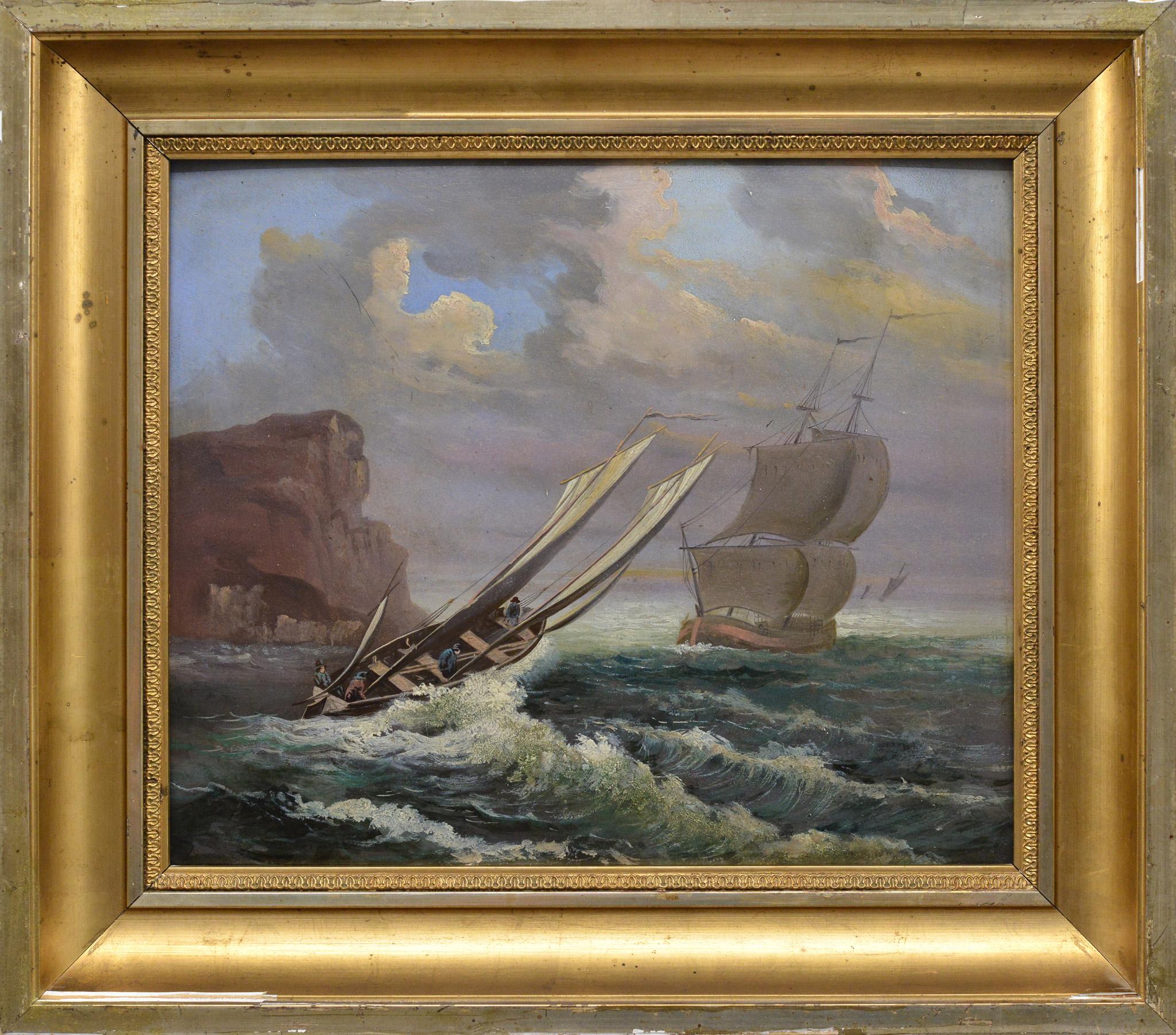 Panneau ancien de la fin du 19e siècle avec encadrement, paysage marin romantique, voiliers dans la tempête