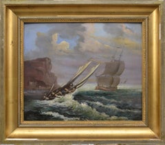 Antique Late 19th Century Romantic Seascape Sailboats in Storm Oil Panel Framed