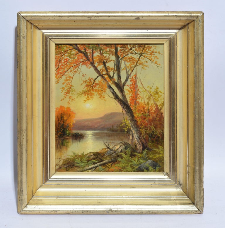 Unknown - Antique Luminous Hudson River School Sunset Landscape Oil ...