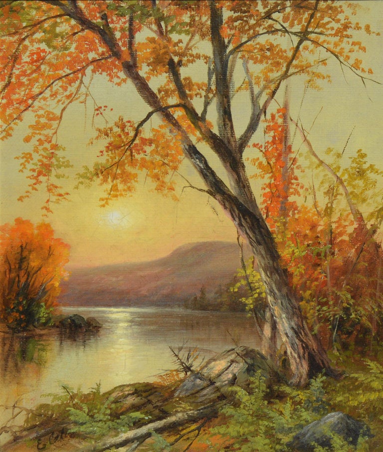 Unknown - Antique Luminous Hudson River School Sunset Landscape Oil ...