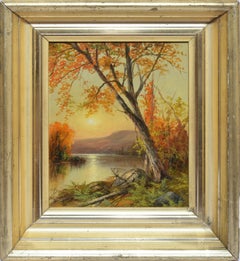Antique Luminous Hudson River School Sunset Landscape Oil Painting Signed Cole