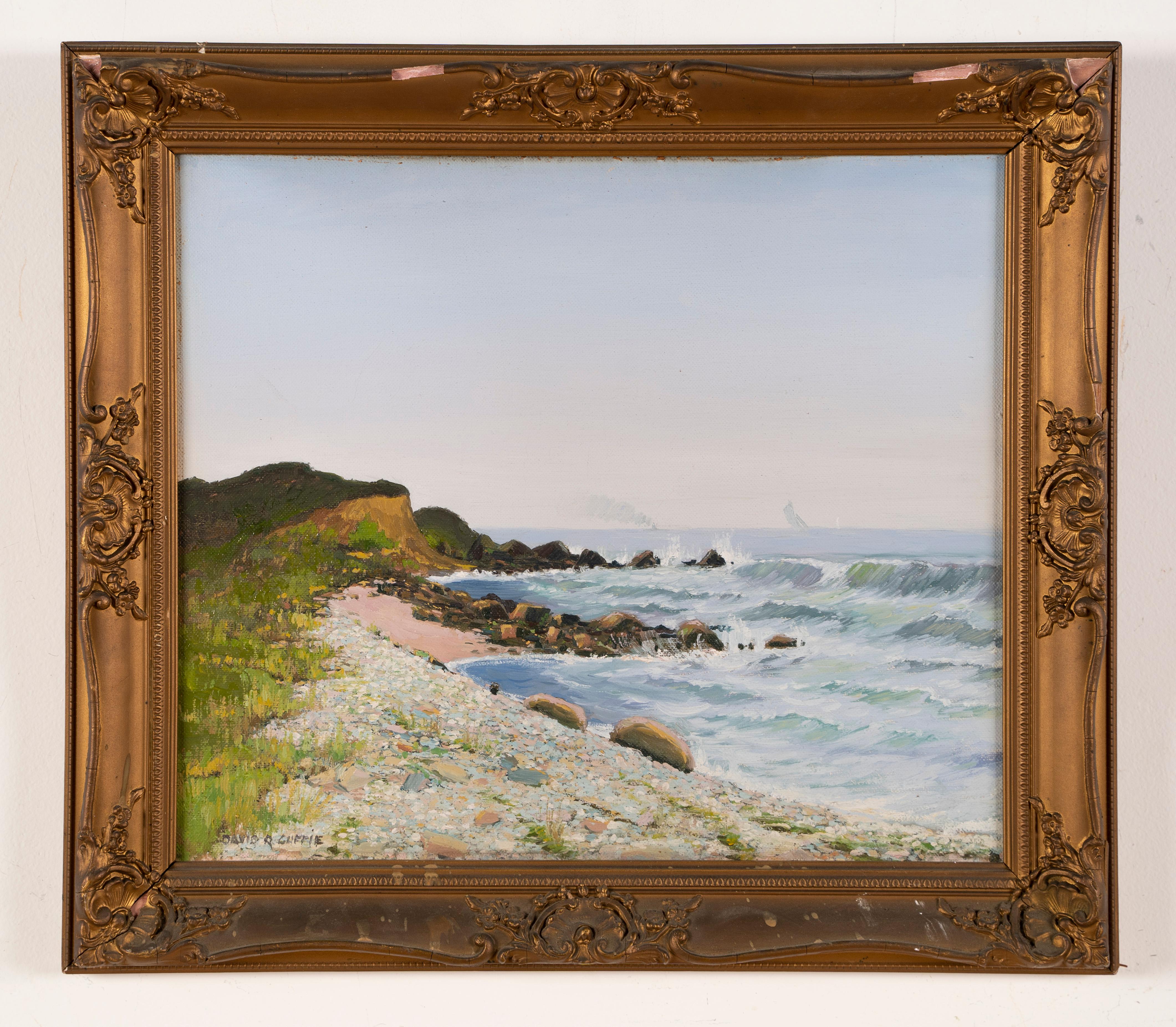 Ancienne peinture à l'huile originale et lumineuse de paysage marin, signée Seascape Coastal Harbor Beach - Painting de Unknown