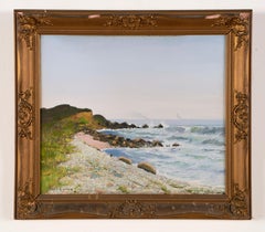 Antique Luminous Original Signed Seascape Coastal Harbor Beach Oil Painting