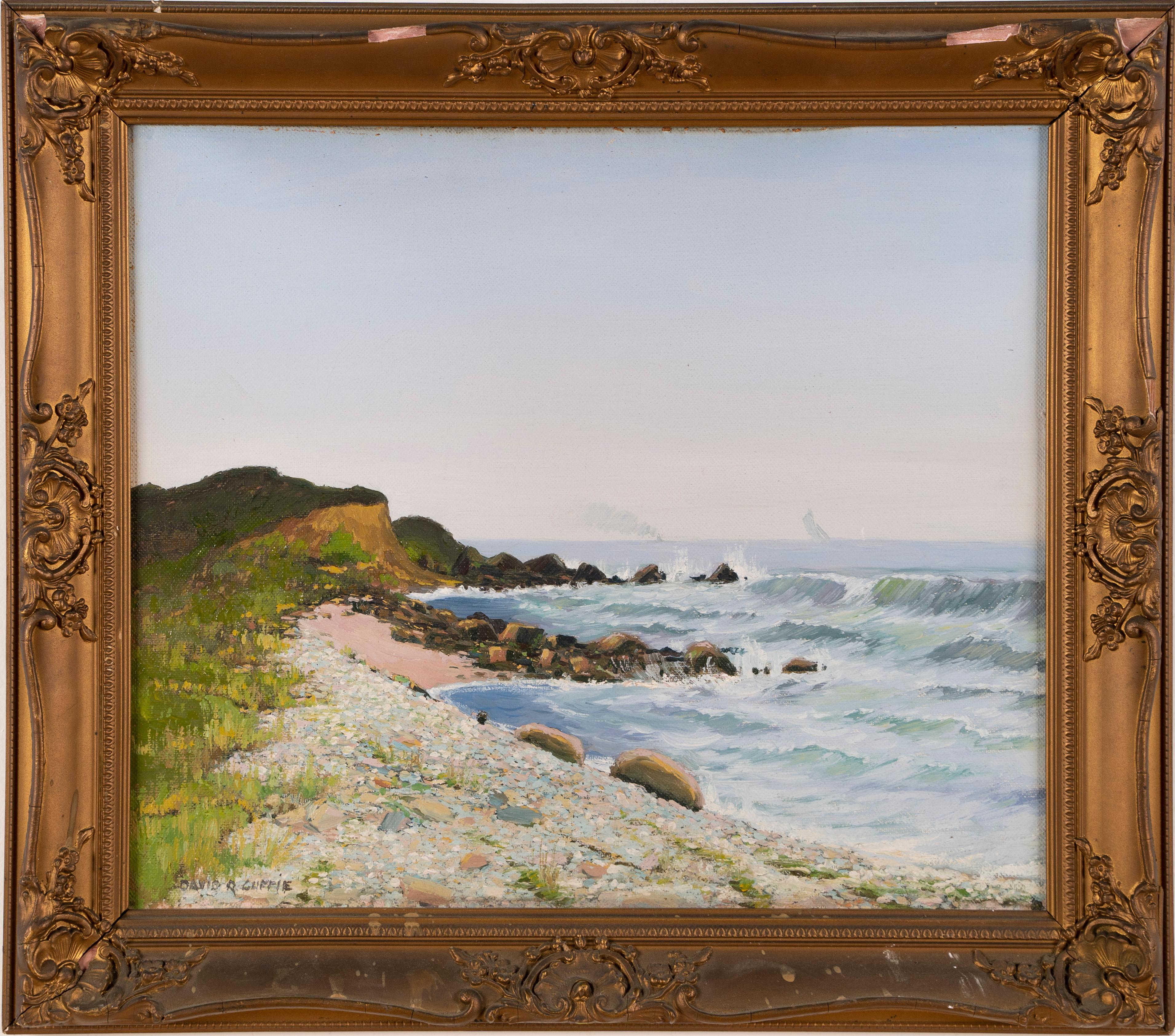 Antique Luminous Original Signed Seascape Coastal Harbor Beach Oil Painting - Brown Landscape Painting by Unknown