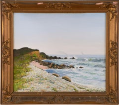 Antique Luminous Original Signed Seascape Coastal Harbor Beach Oil Painting