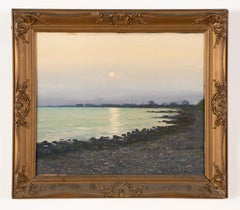 Antique Luminous Original Signed Seascape Moonlit Harbor Beach Oil Painting