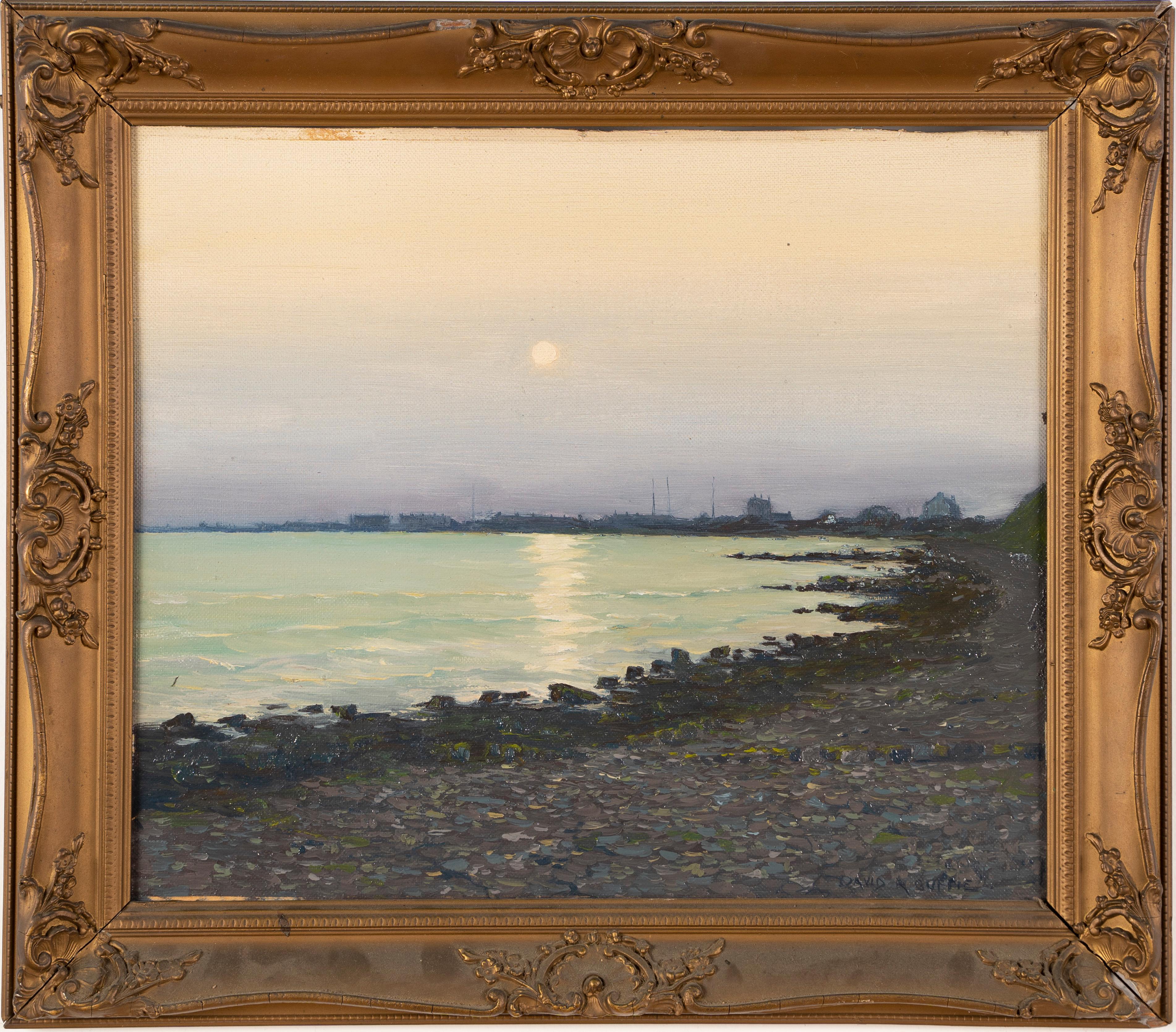 Antique Luminous Original Signed Seascape Moonlit Harbor Beach Oil Painting
