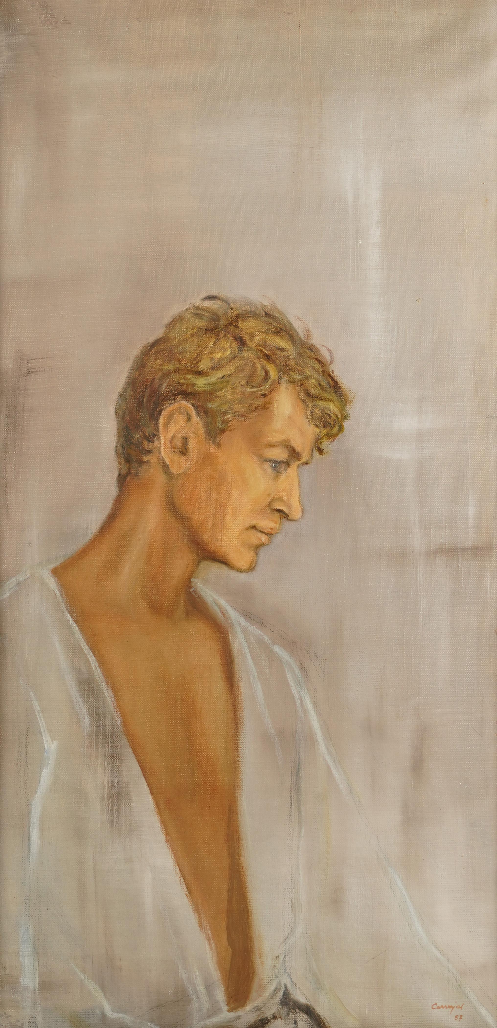 Ritratto maschile modernista vintage dipinto a olio.  Olio su tela.  Firmato in basso a destra in modo illeggibile.  Incorniciato.  Dimensioni dell'immagine, 19L x 36H.