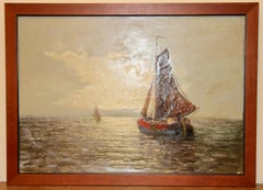 Antique maritime oil painting, "Sailors in the backlight" by W. L. Range