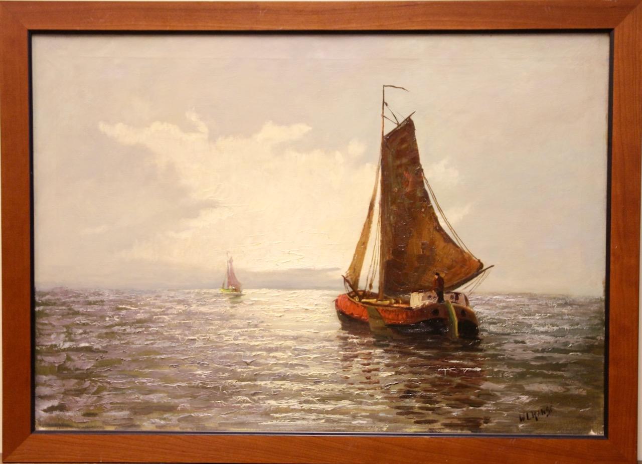 Unknown Landscape Painting - Antique maritime oil painting, "Sailors in the backlight" by W. L. Range