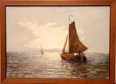 Vintage maritime oil painting, "Sailors in the backlight" by W. L. Range