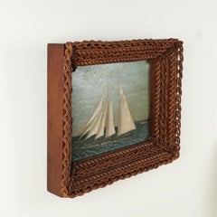 Antique Maritime Schooner or Ship Painting in a Rope Frame