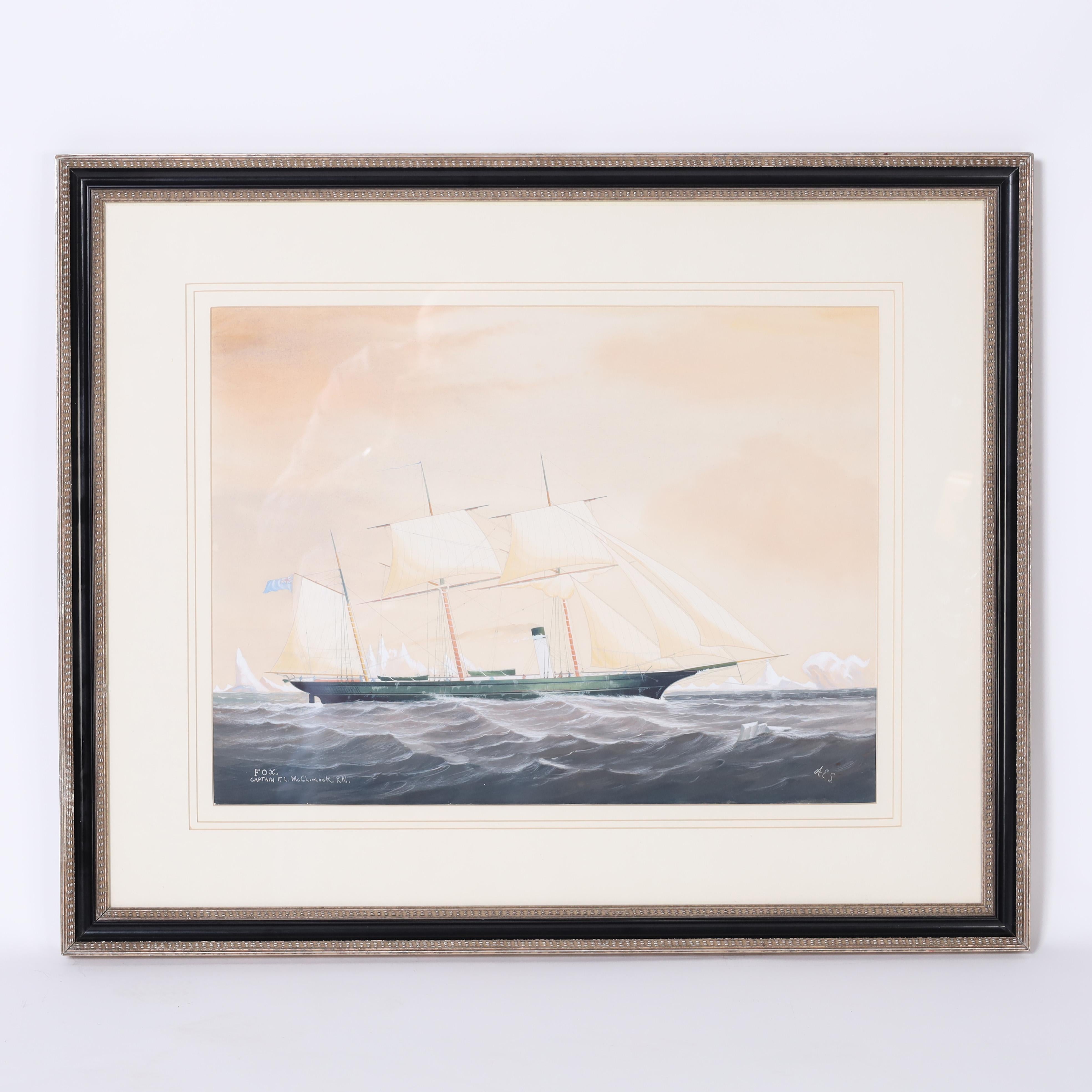 Antique Maritime Watercolor on Paper of a Yacht - Painting by Unknown