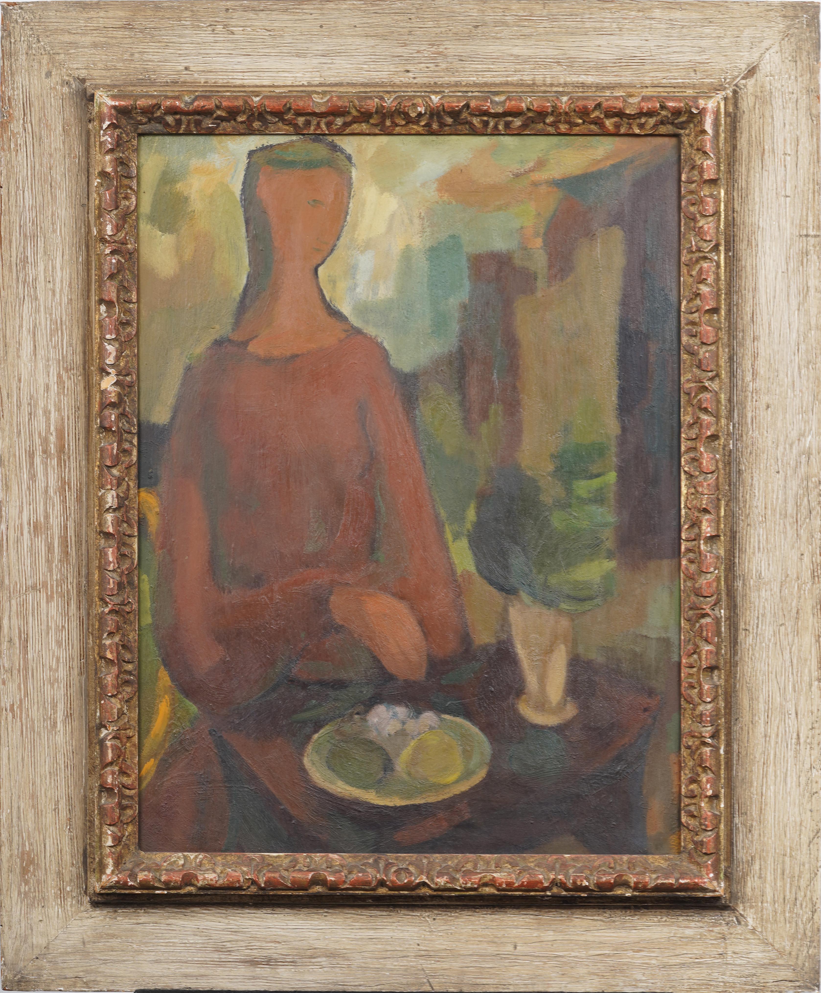 Antique Modernist Finely Framed Woman Portrait Kitchen Still Life Oil Painting - Portrait Painting Marrone di Unknown