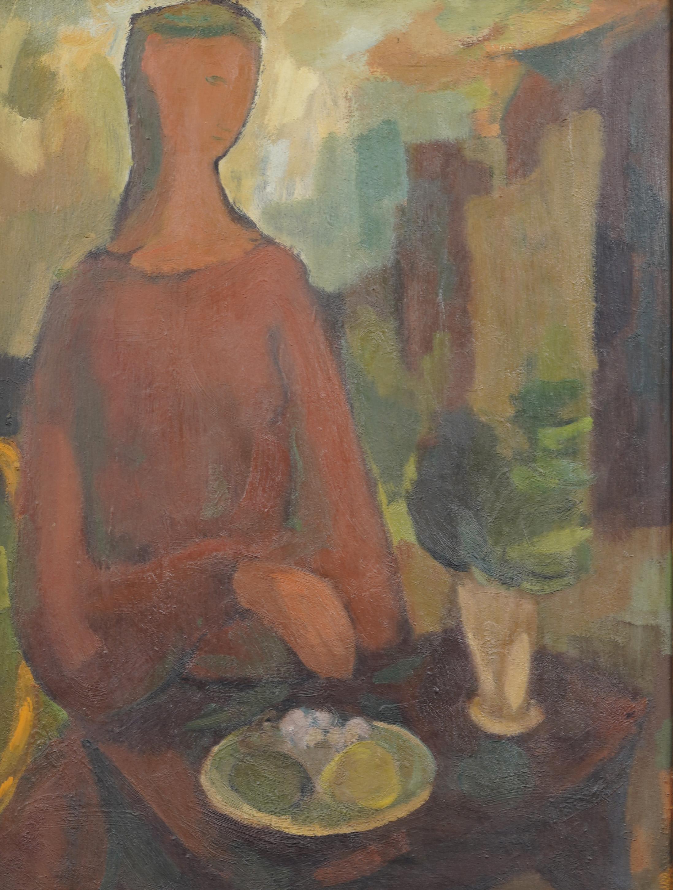 Antique American modernist portrait oil painting.  Oil on board.   Framed in a period wide wood molding.  In excellent original condition. Handsomely framed in a  wood molding.  Excellent condition, ready to hang and enjoy. 