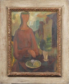 Antique Modernist Finely Framed Woman Portrait Kitchen Still Life Oil Painting