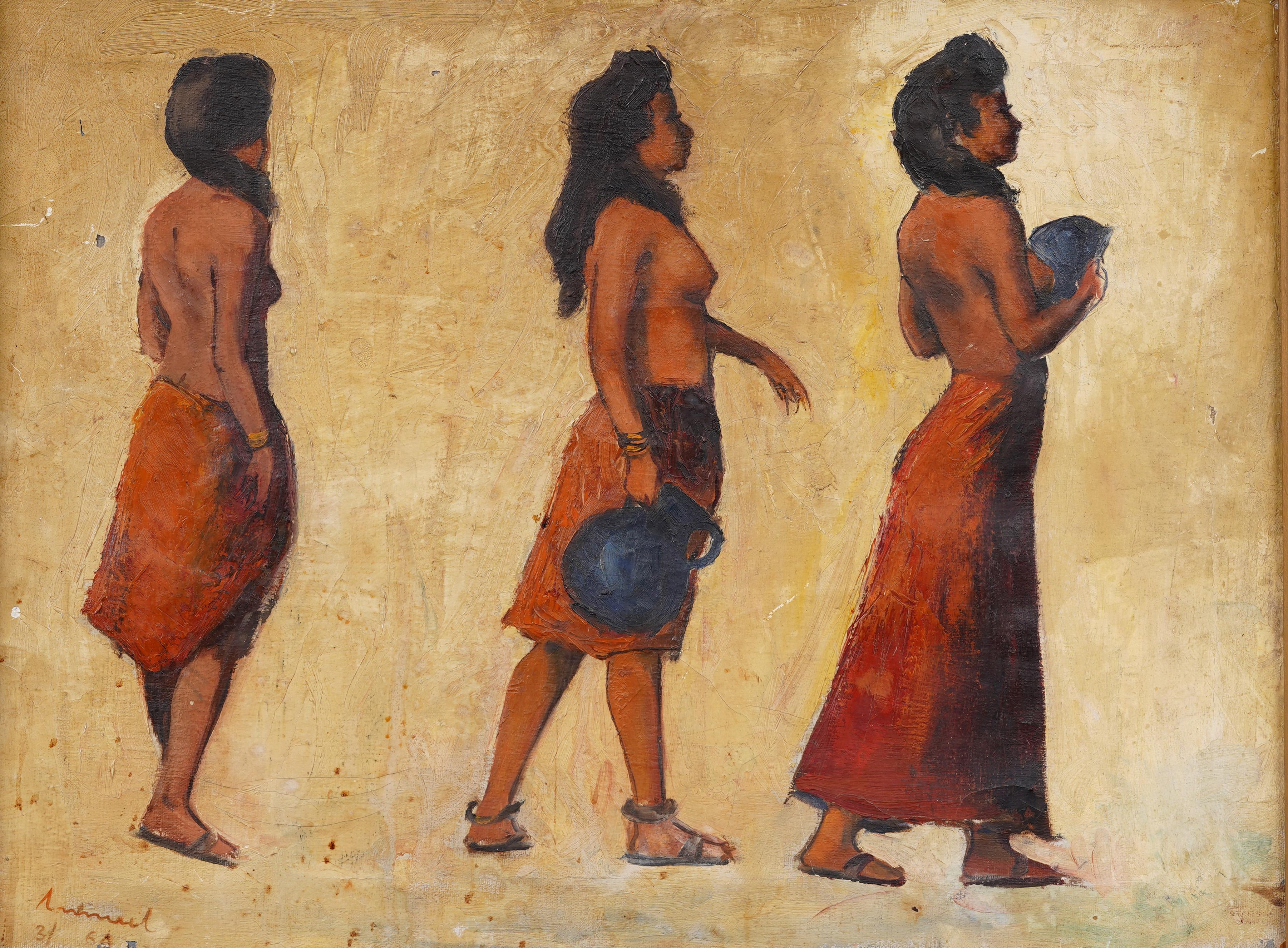 Antico ritratto di nudo modernista surreale firmato Stile antico dipinto a olio incorniciato - Painting Astratto di Unknown