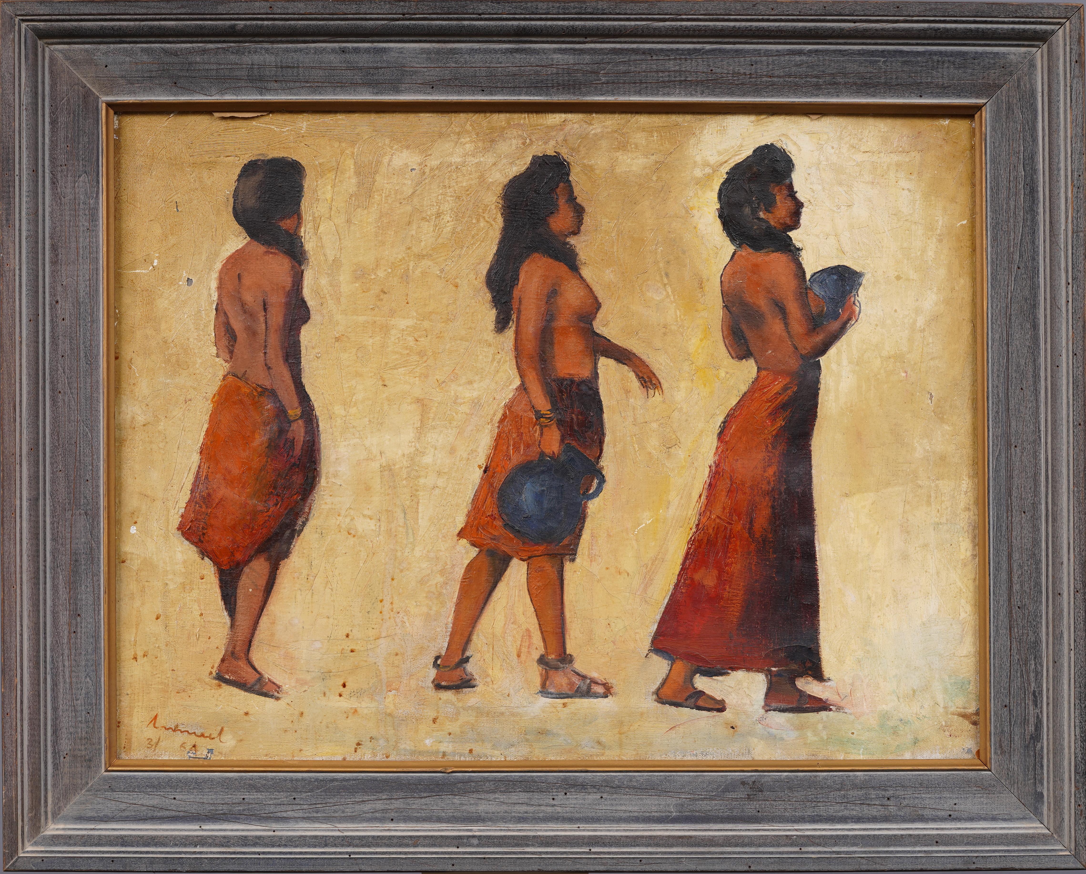 Antiguo Retrato Modernista Desnudo Surrealista Firmado Estilo Antiguo Pintura al Óleo Enmarcada