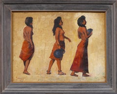 Antique Modernist Nude Portrait Surreal Signed Ancient Style Framed Oil Painting