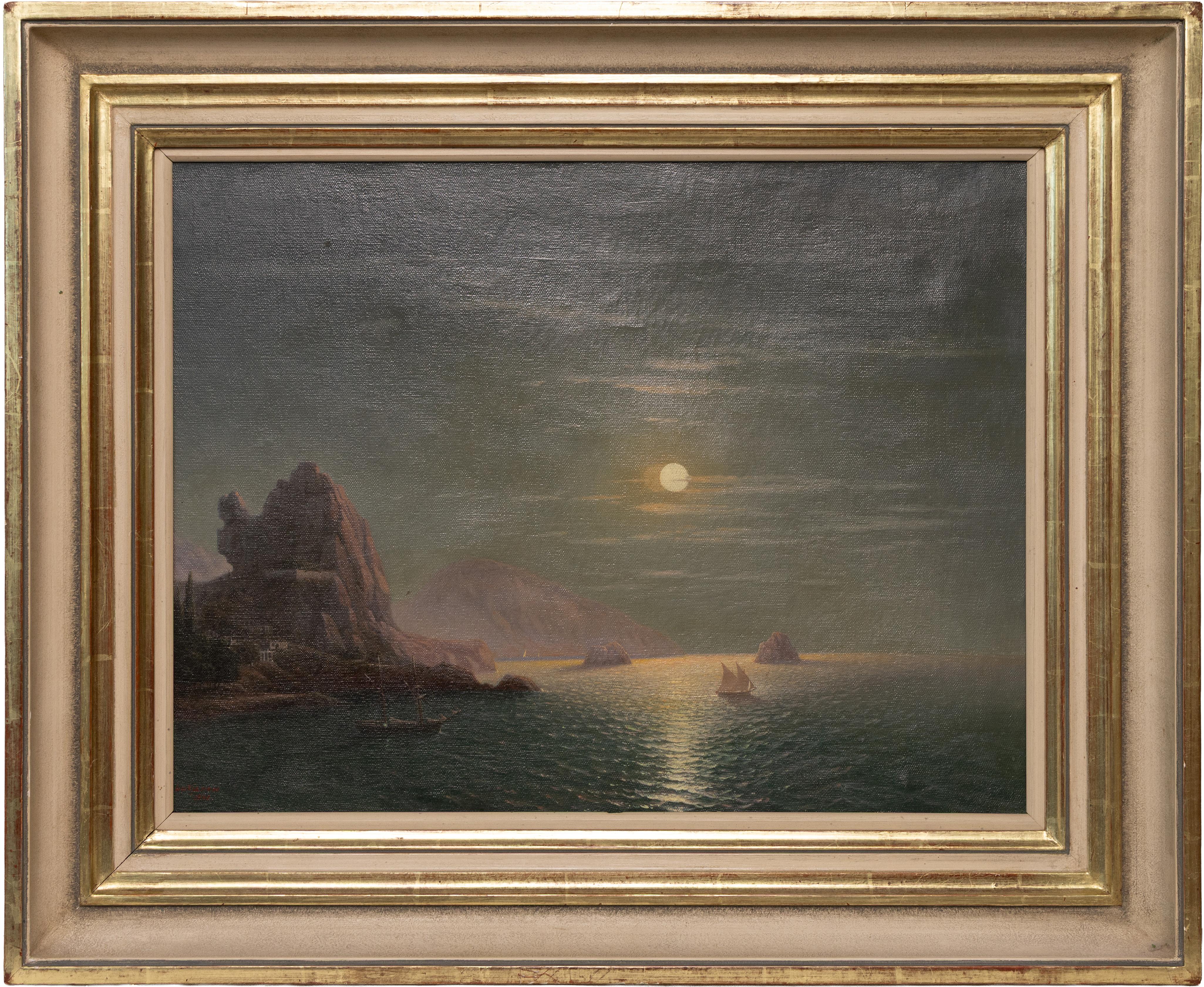Unknown Landscape Painting - Antique Moonlit Impressionist Nocturnal Seascape Framed Coastal Oil Painting