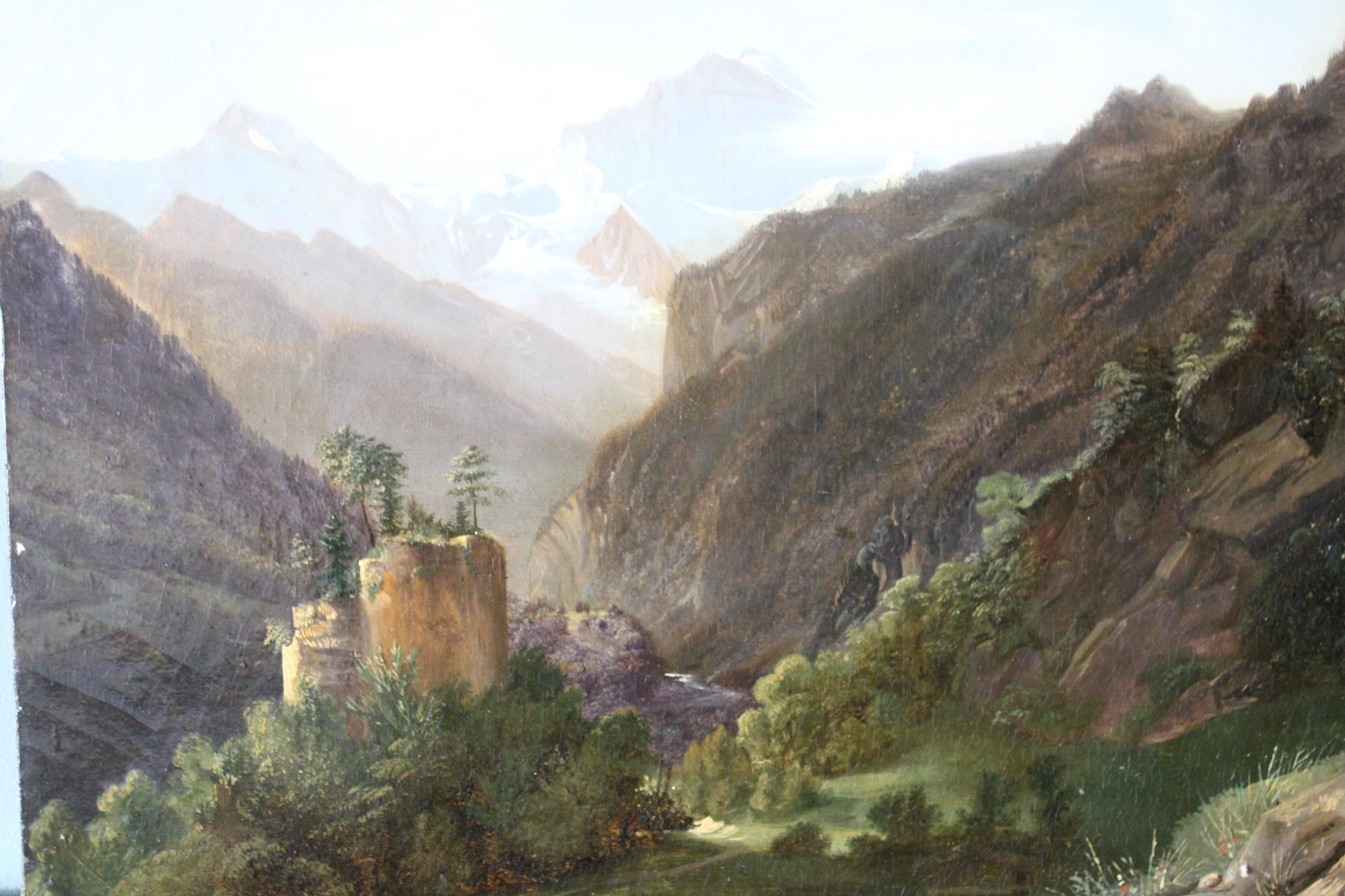 Antique mountain landscape oil painting, 19th Century Romantic, French Alps 7