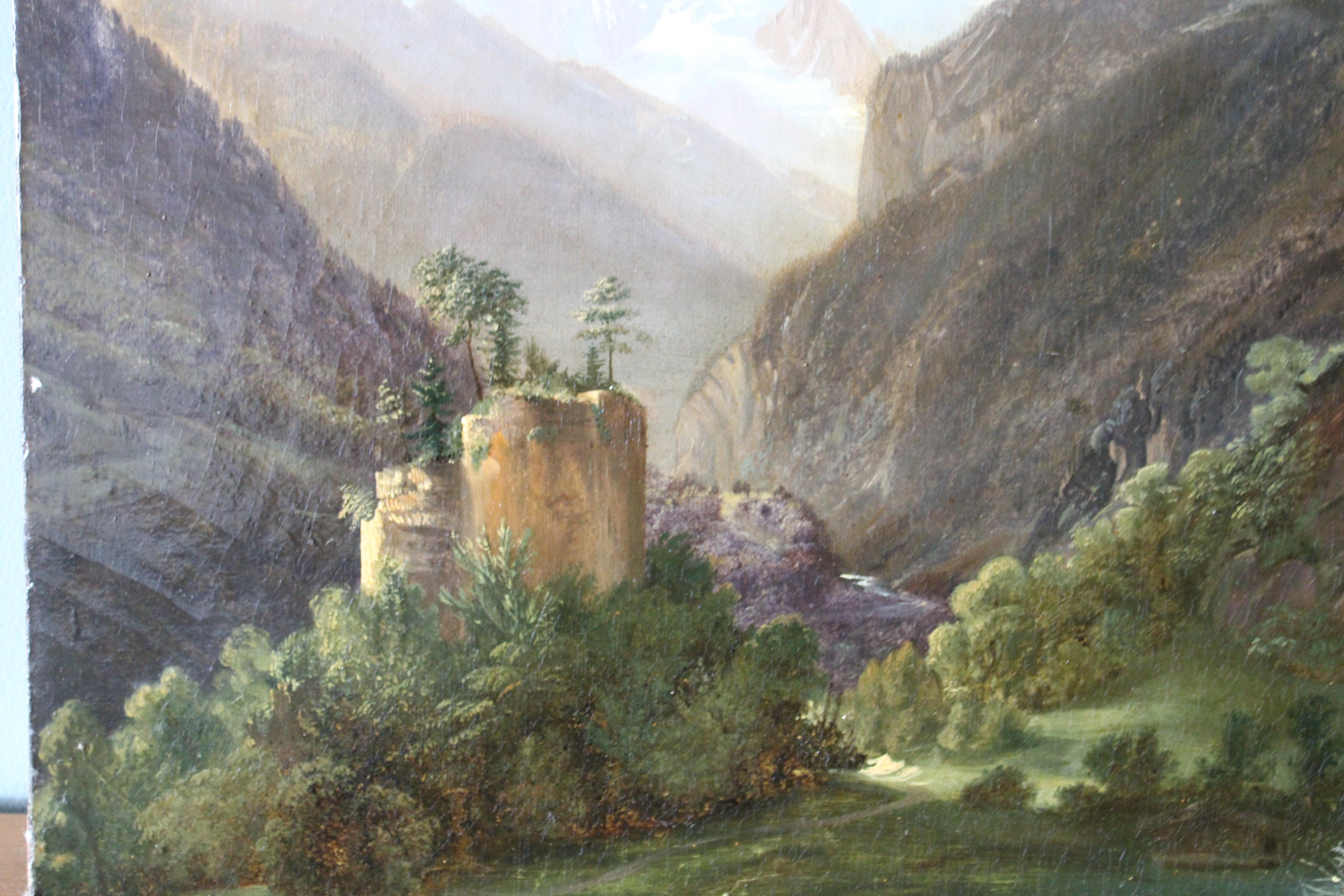 Antique mountain landscape oil painting, 19th Century Romantic, French Alps 10