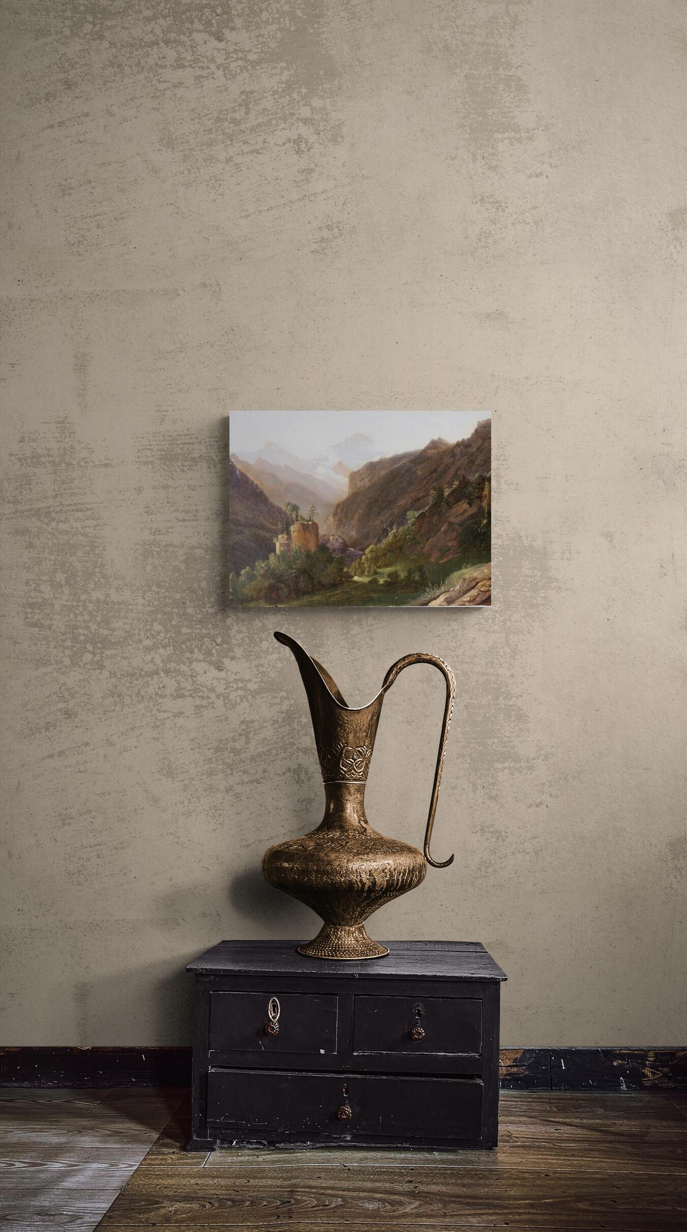 Antique landscape oil painting of mountains and valleys, oil on canvas, mid to late 1800's.  A charming very traditional 'romantic' oil painting on stretched canvas.  Mounains in the backdrop and valleys in the fore, on a smooth canvas. A strong