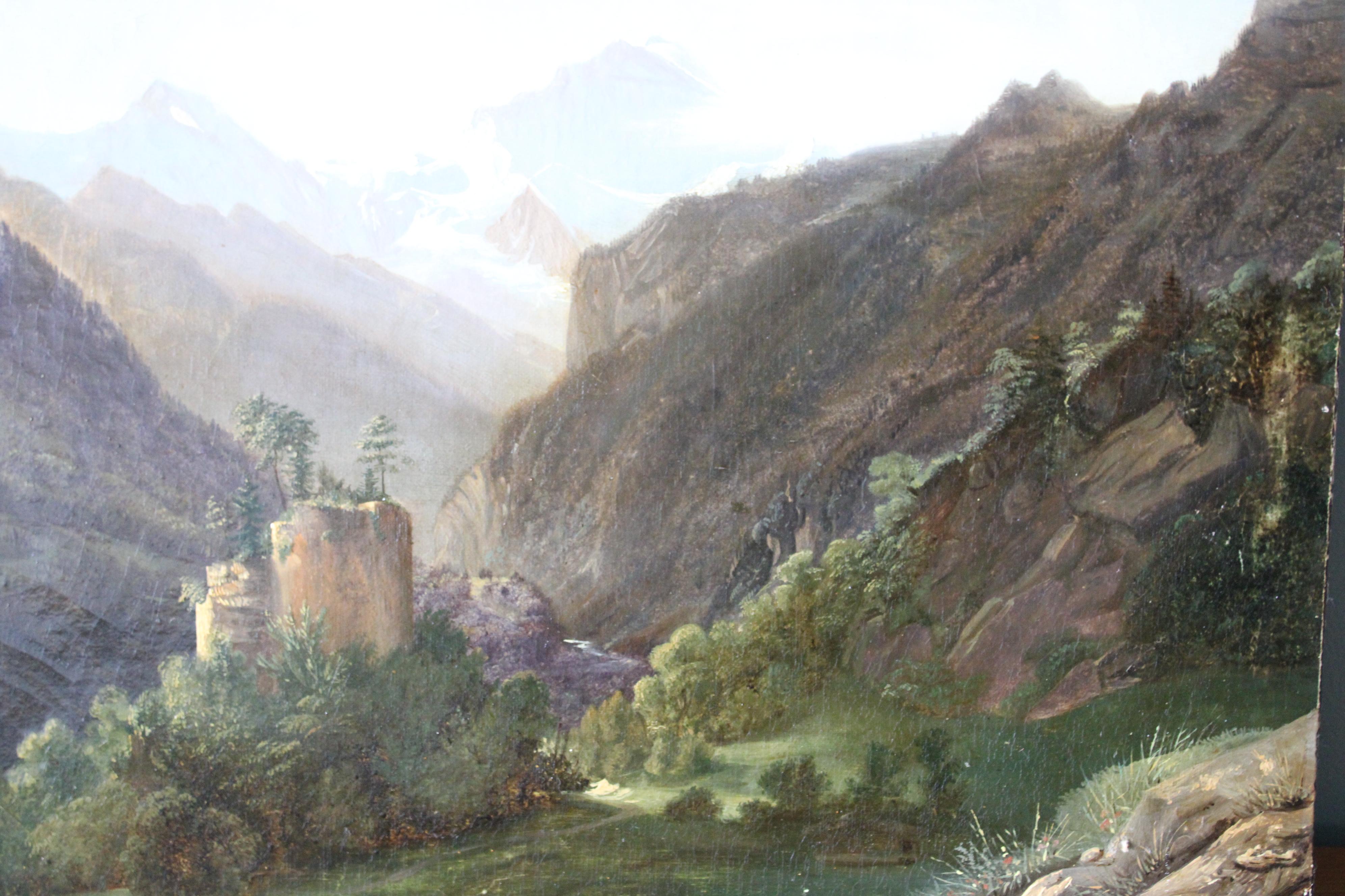 Antique mountain landscape oil painting, 19th Century Romantic, French Alps 2