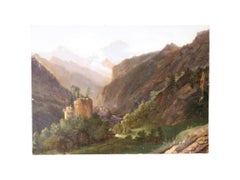 Antique mountain landscape oil painting, 19th Century Romantic, French Alps