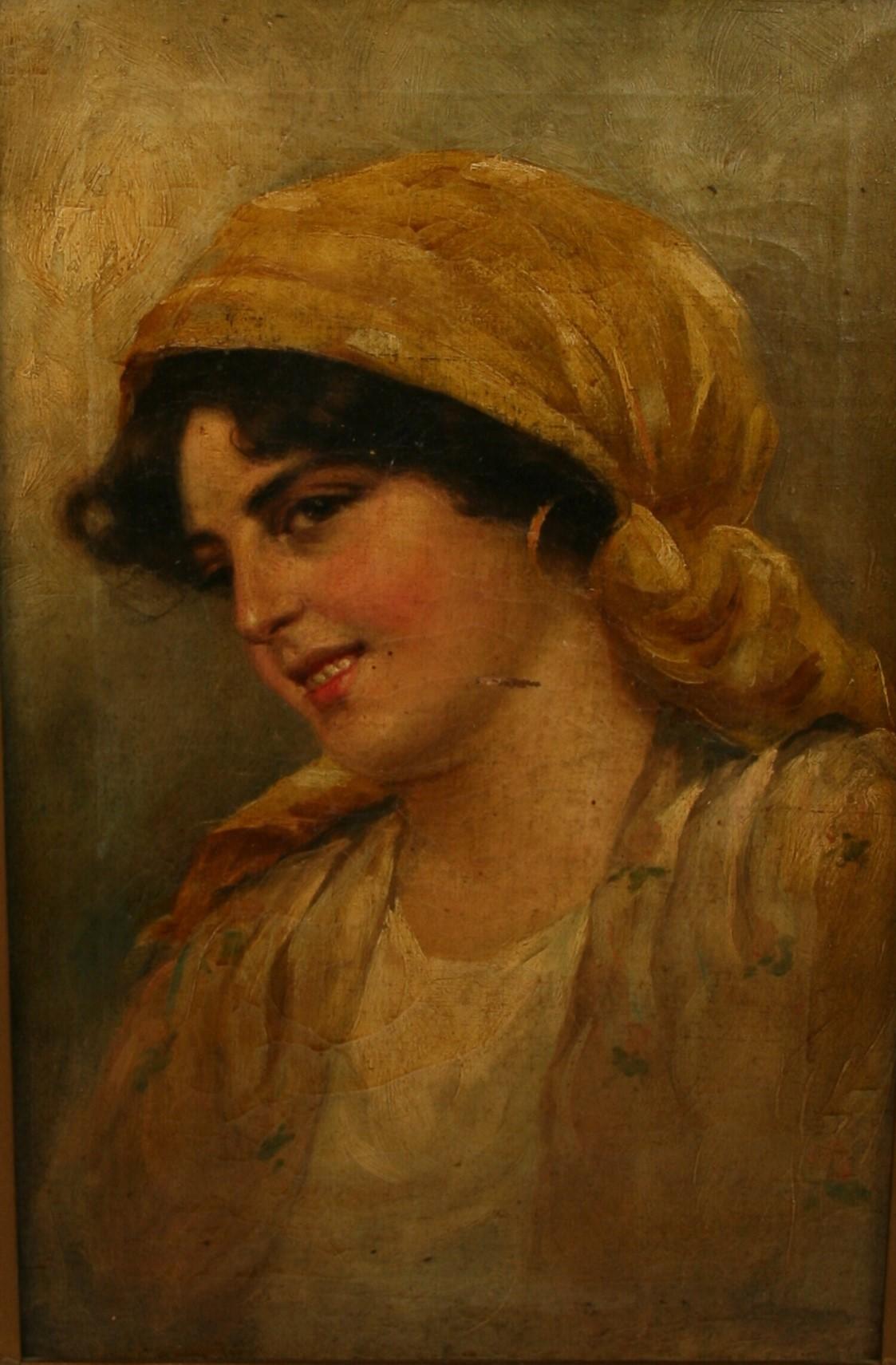 Antico ritratto femminile napoletano  Pittura a olio 1920 - Portrait Painting Marrone di Unknown