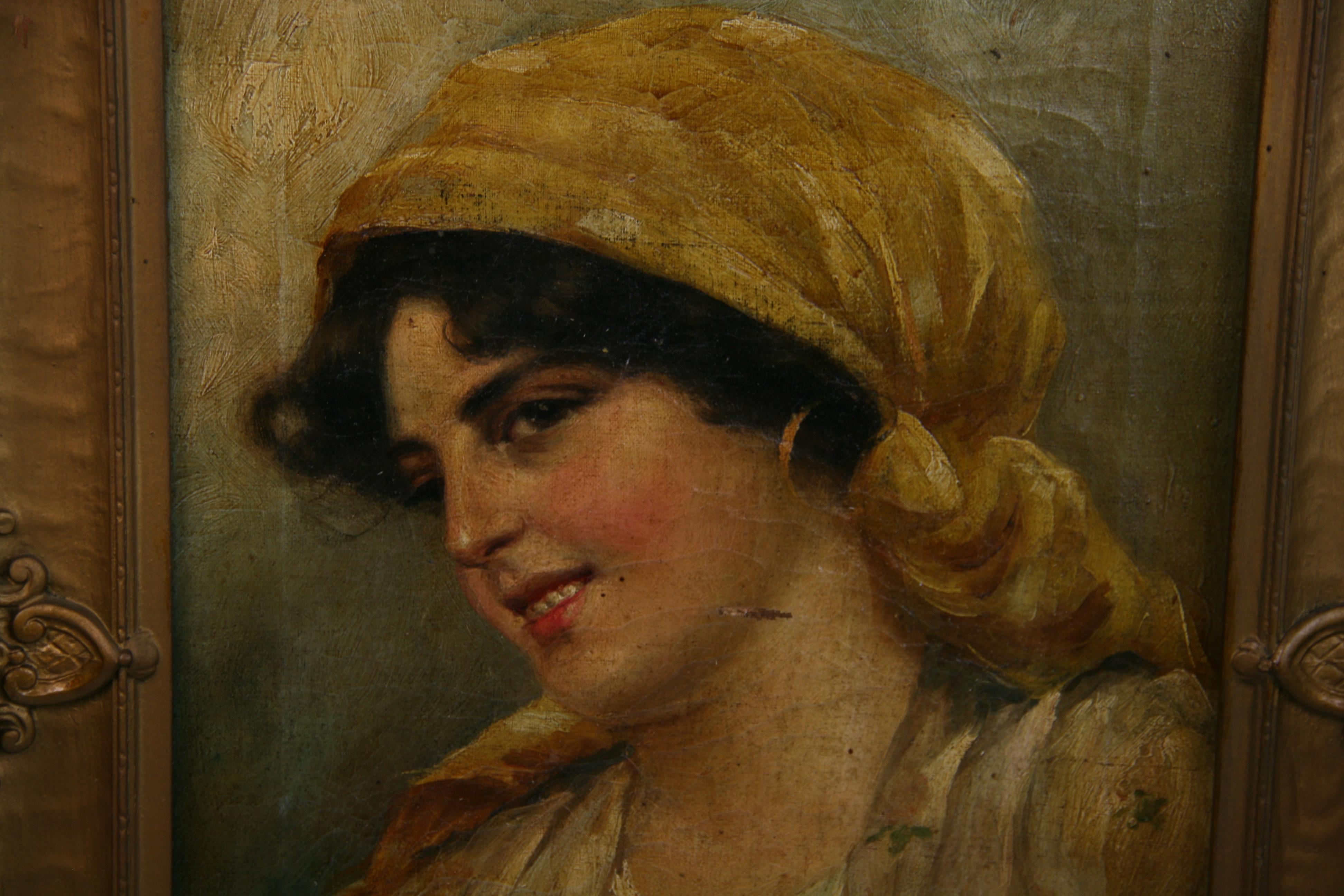 Antique Neapolitan Female Portrait  Oil Painting 1920 For Sale 2
