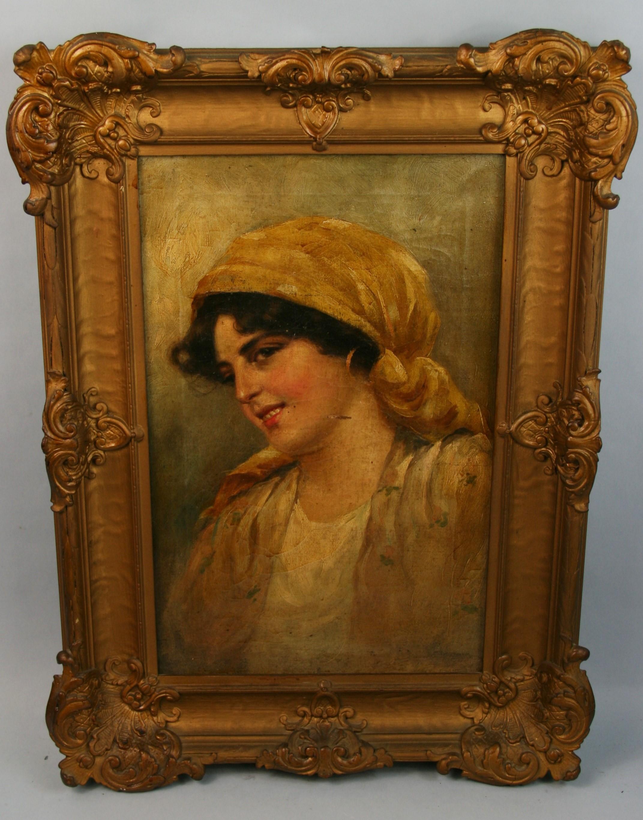 Portrait Painting di Unknown - Antico ritratto femminile napoletano  Pittura a olio 1920