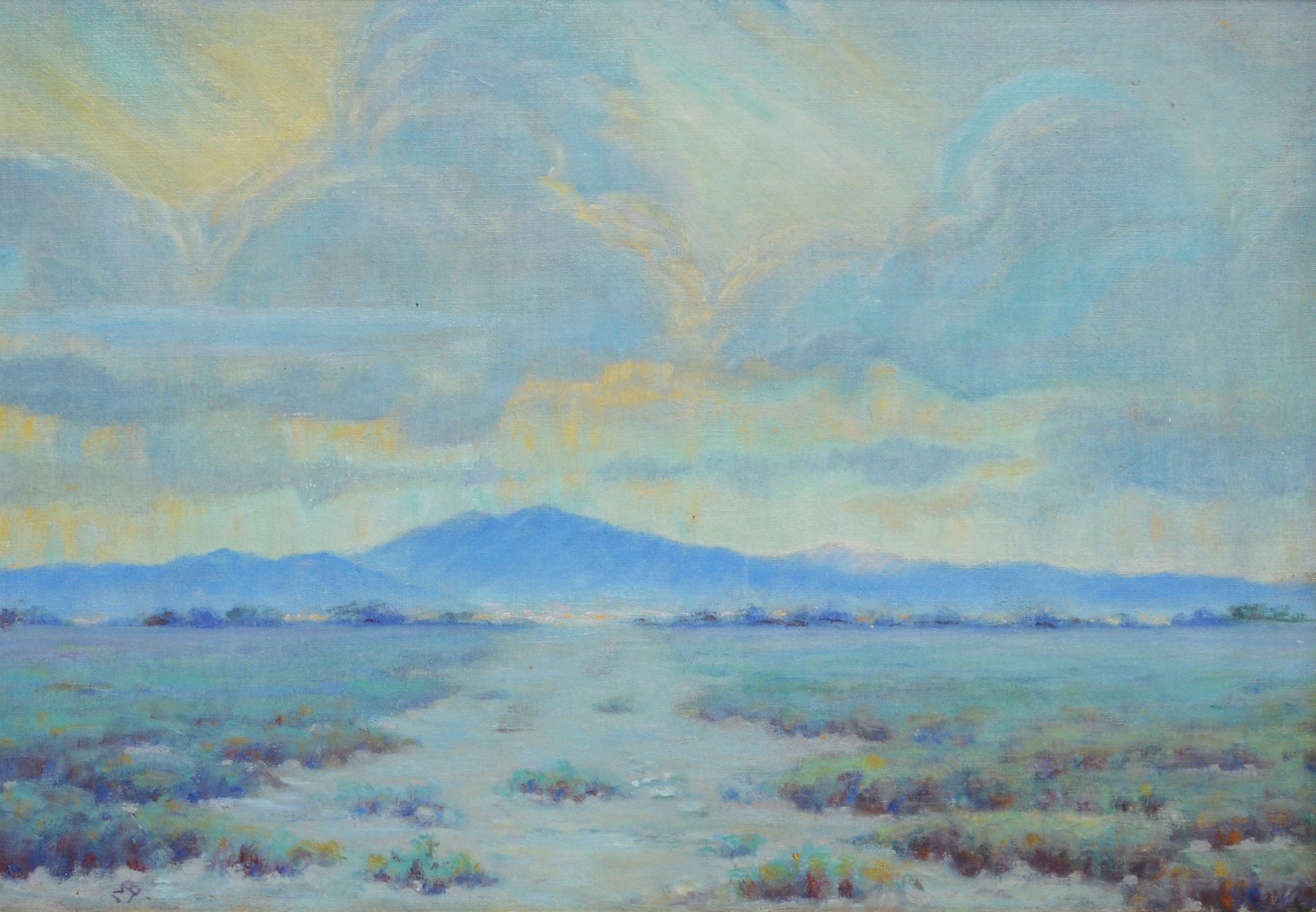 Antique Nevada Desert Valley Sunset Oil Painting Monogrammed 