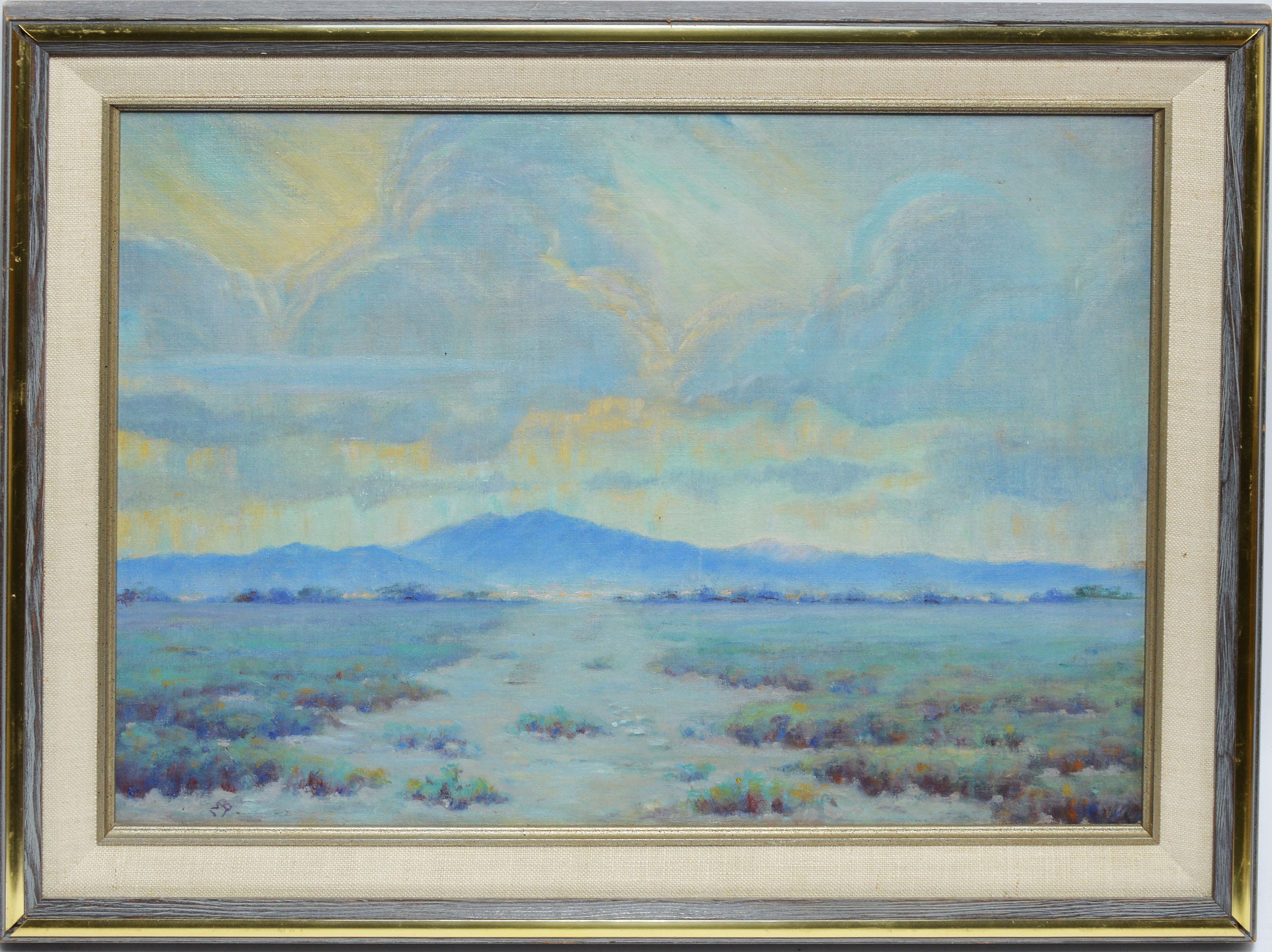 Unknown Landscape Painting - Antique Nevada Desert Valley Sunset Oil Painting Monogrammed "MB"