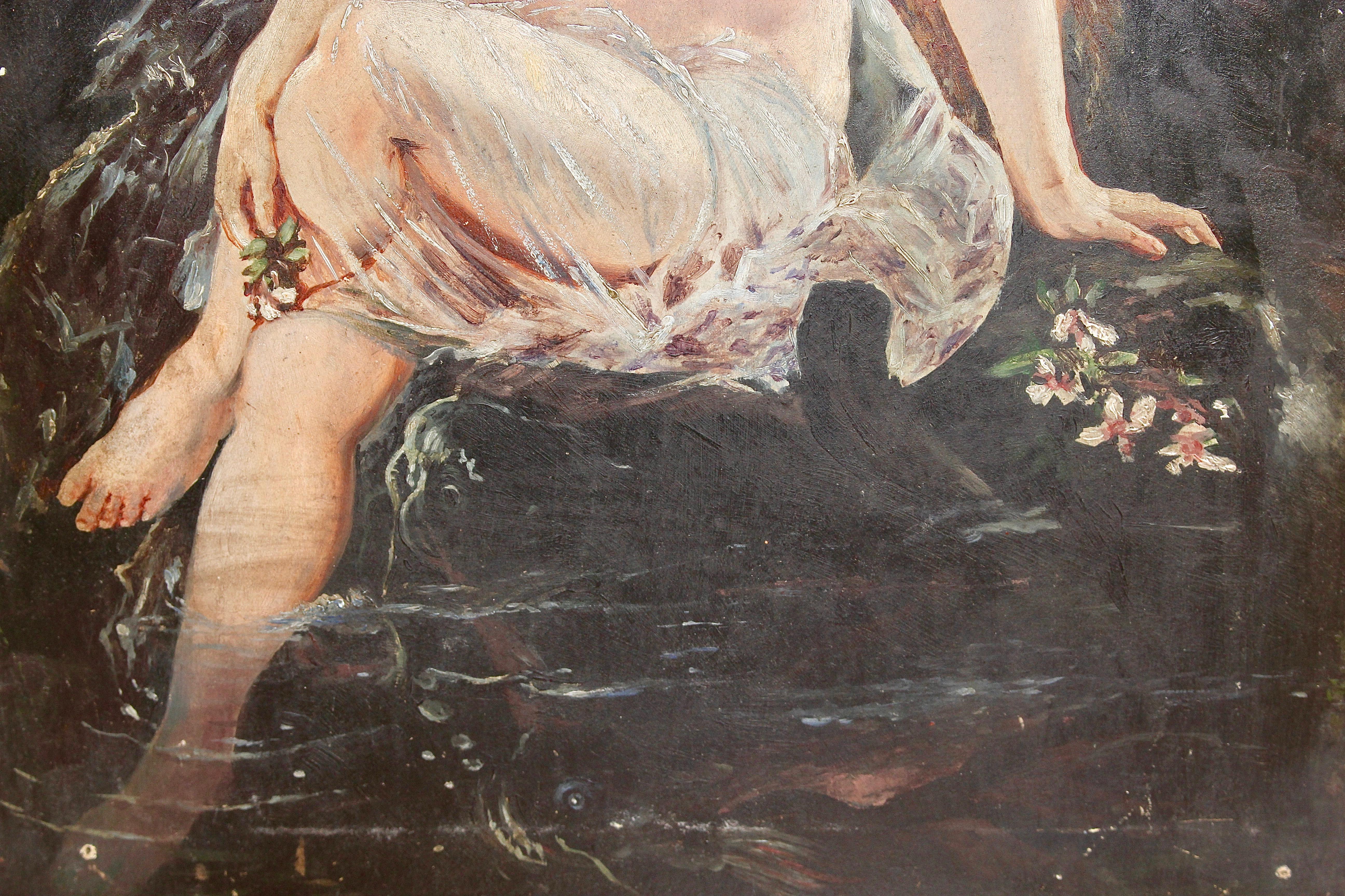 Antique Nude Oil Painting, 19th Century. Bath Mermaid on the Lake.  - Black Nude Painting by Unknown