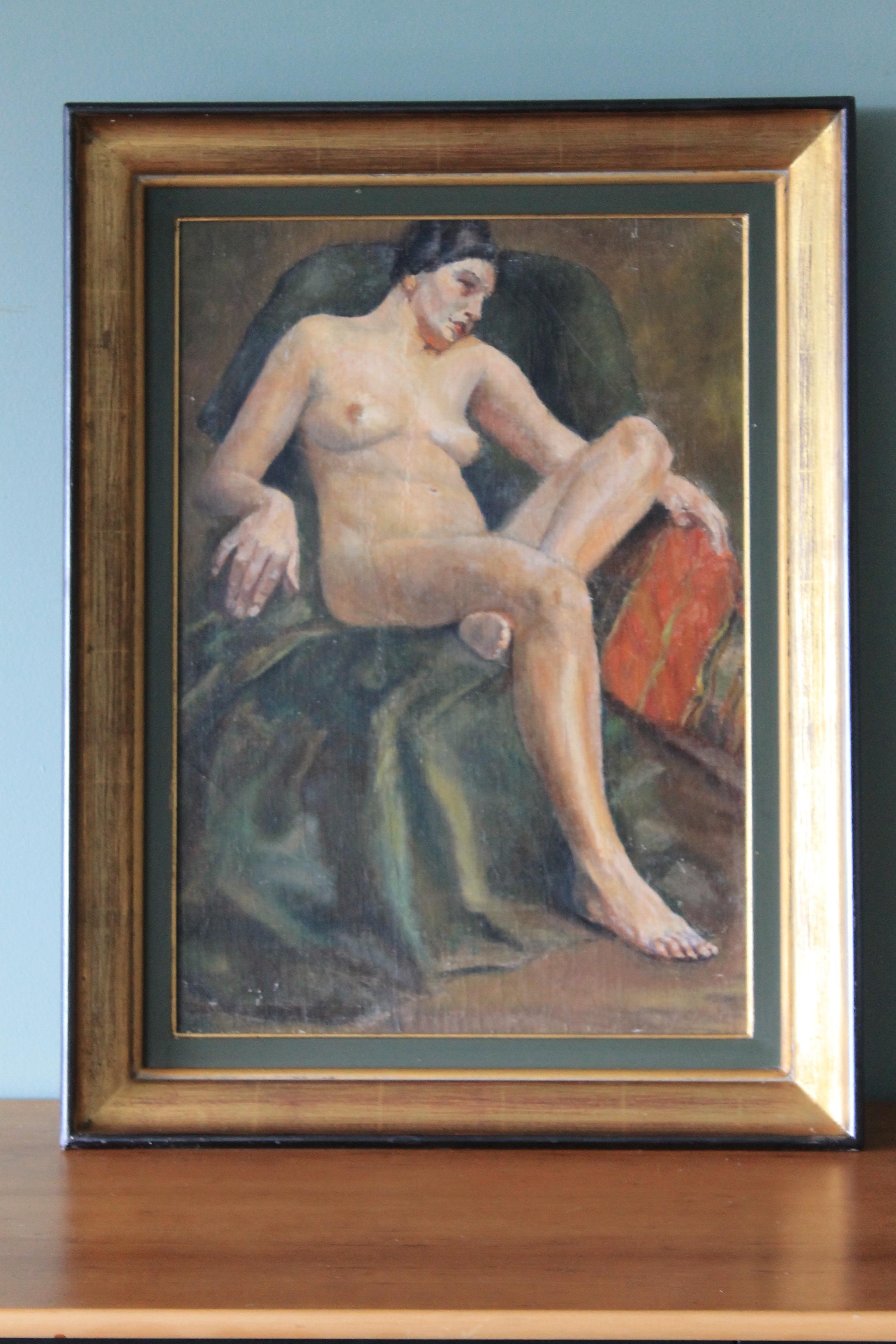 Antique nude oil portrait of a woman, French School - Painting by Unknown