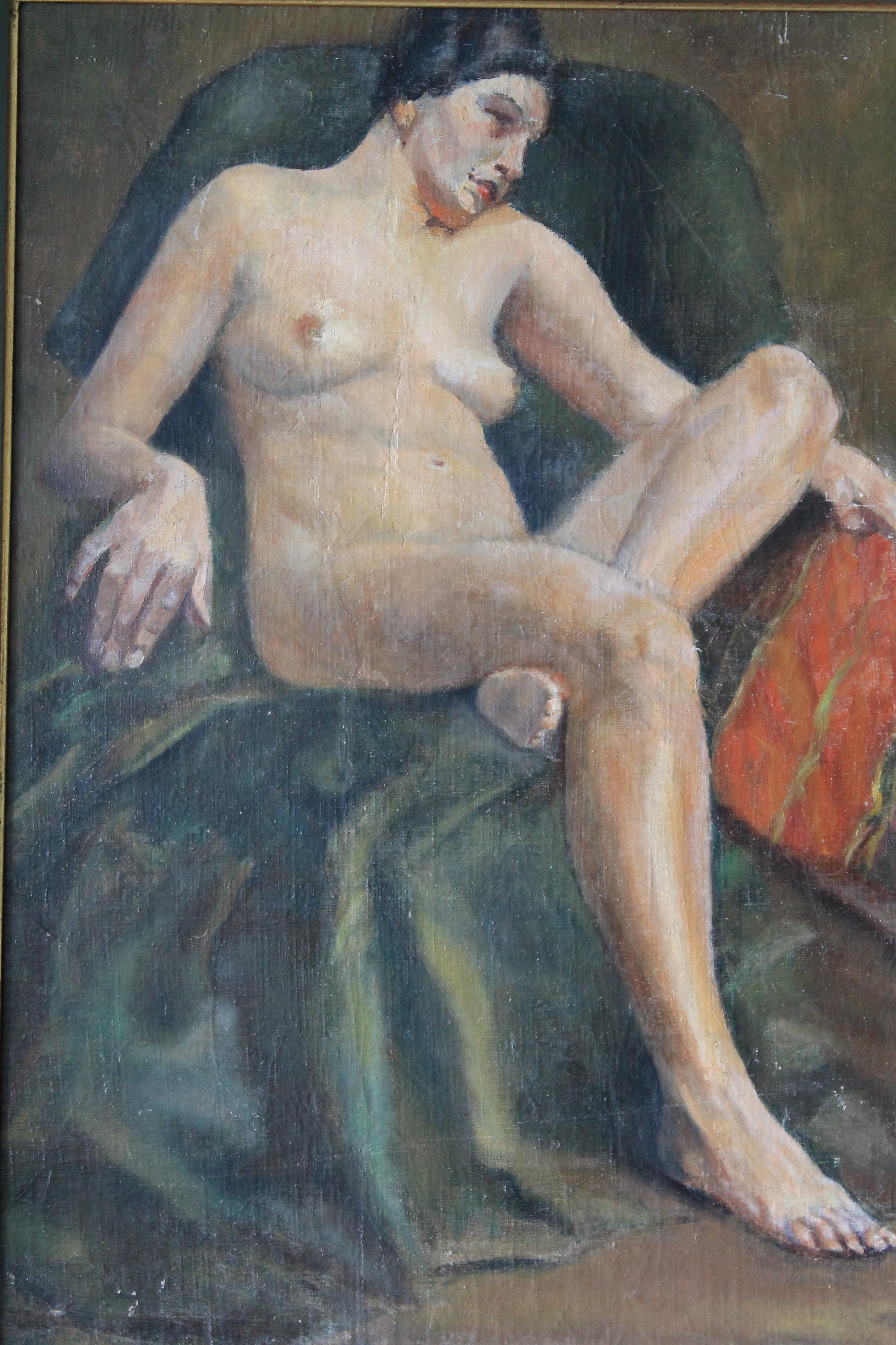 Antique nude oil portrait of a woman, French School - Gray Nude Painting by Unknown