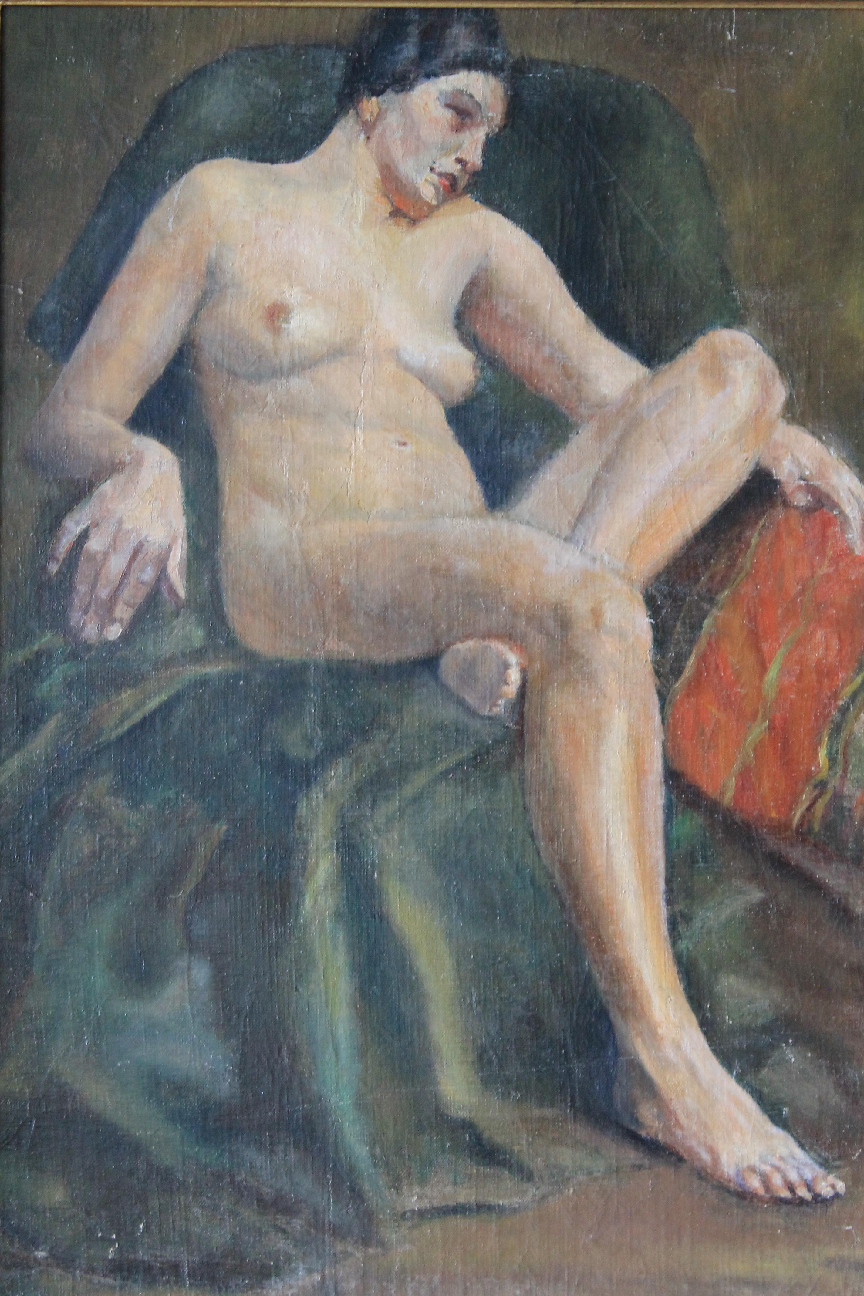 Antique nude portrait painting of a woman sitting, canvas on wood.  A woman sits in a large chair with a green throw, her legs crossed, perhaps she is sleeping.  It's very atmospheric with beautiful skin tone hues.

MORE ABOUT THIS