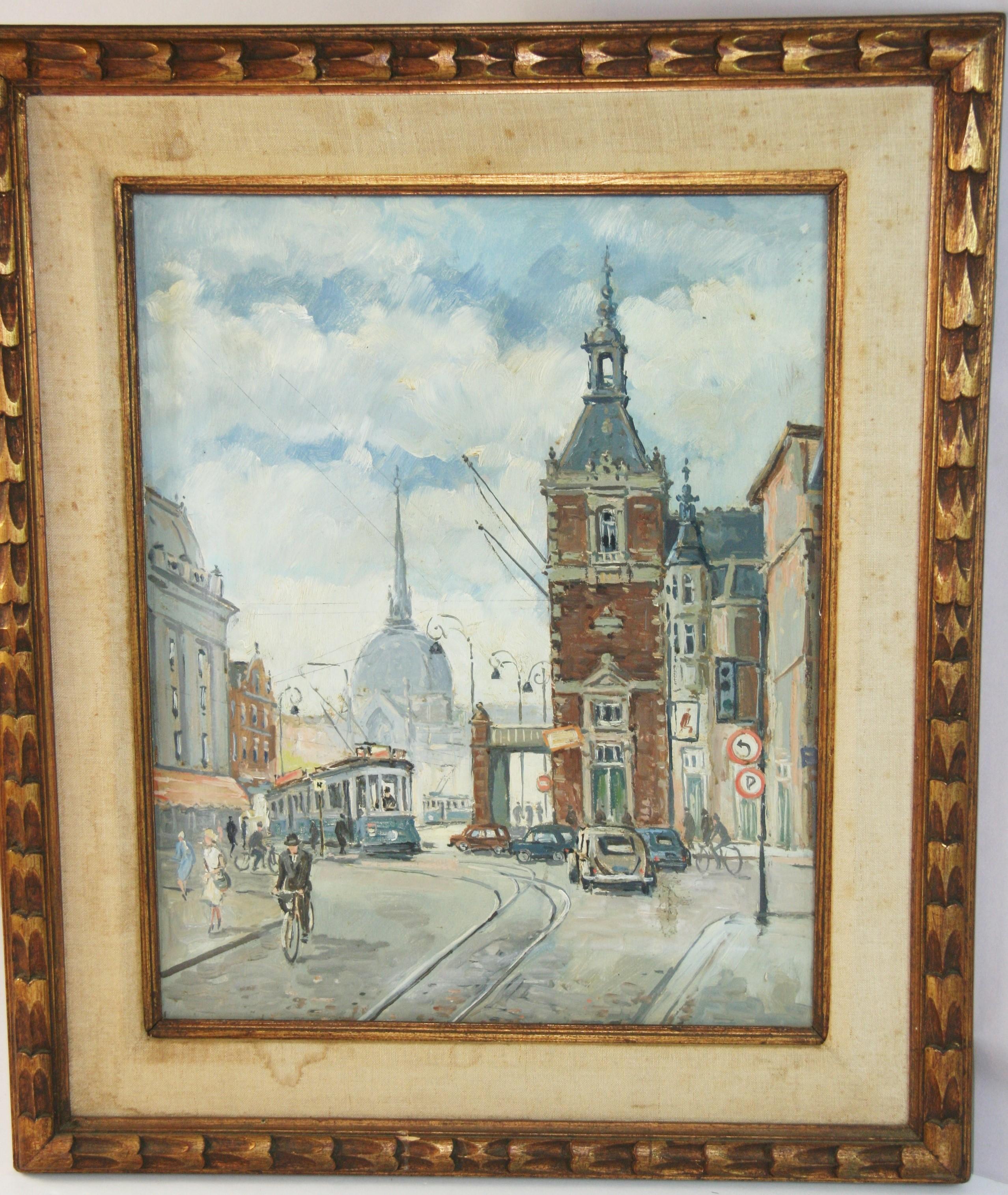 Antique oil Amsterdam Leidseplein City Scape 1940's - Painting by Unknown