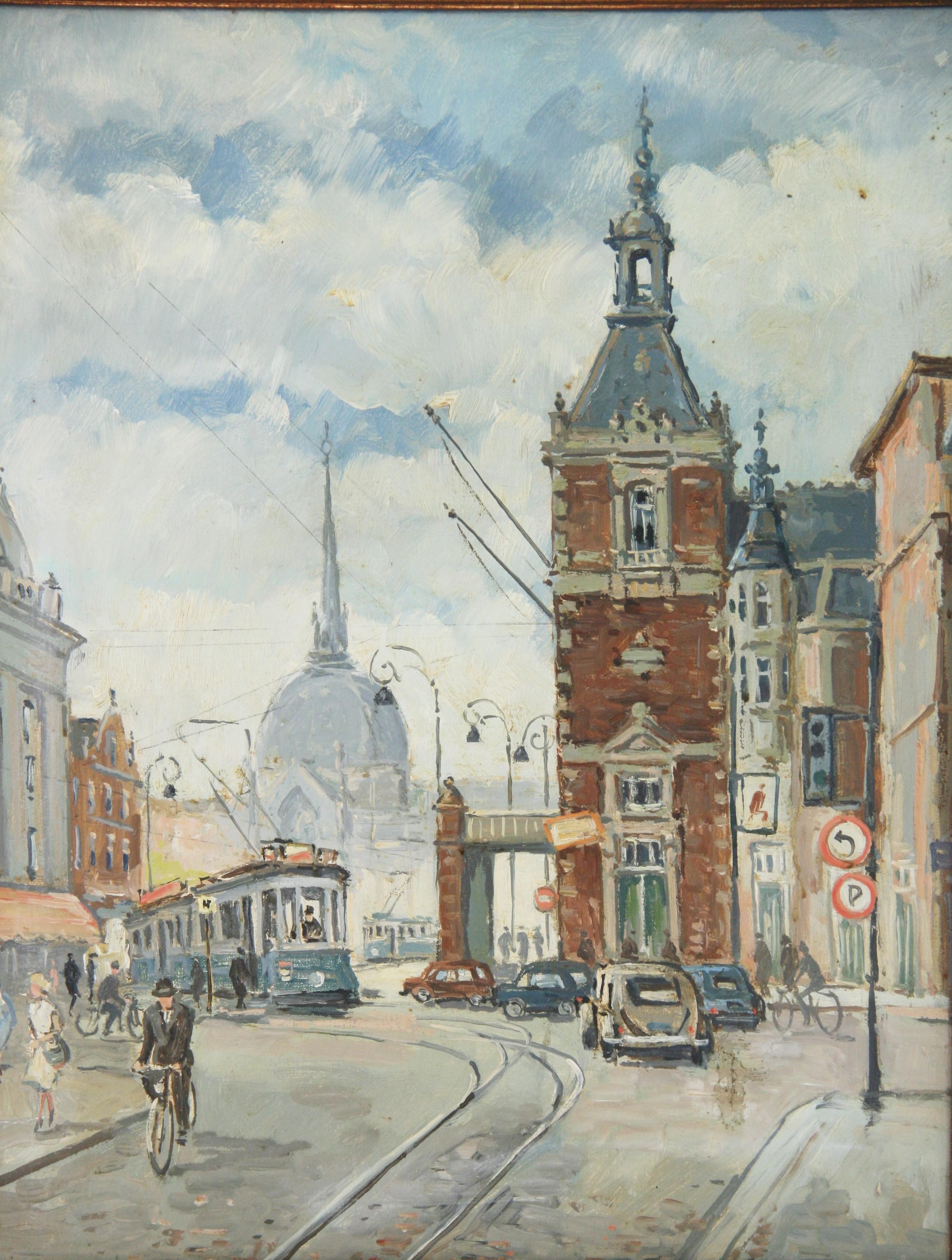 Antique oil Amsterdam Leidseplein City Scape 1940's - Beige Landscape Painting by Unknown