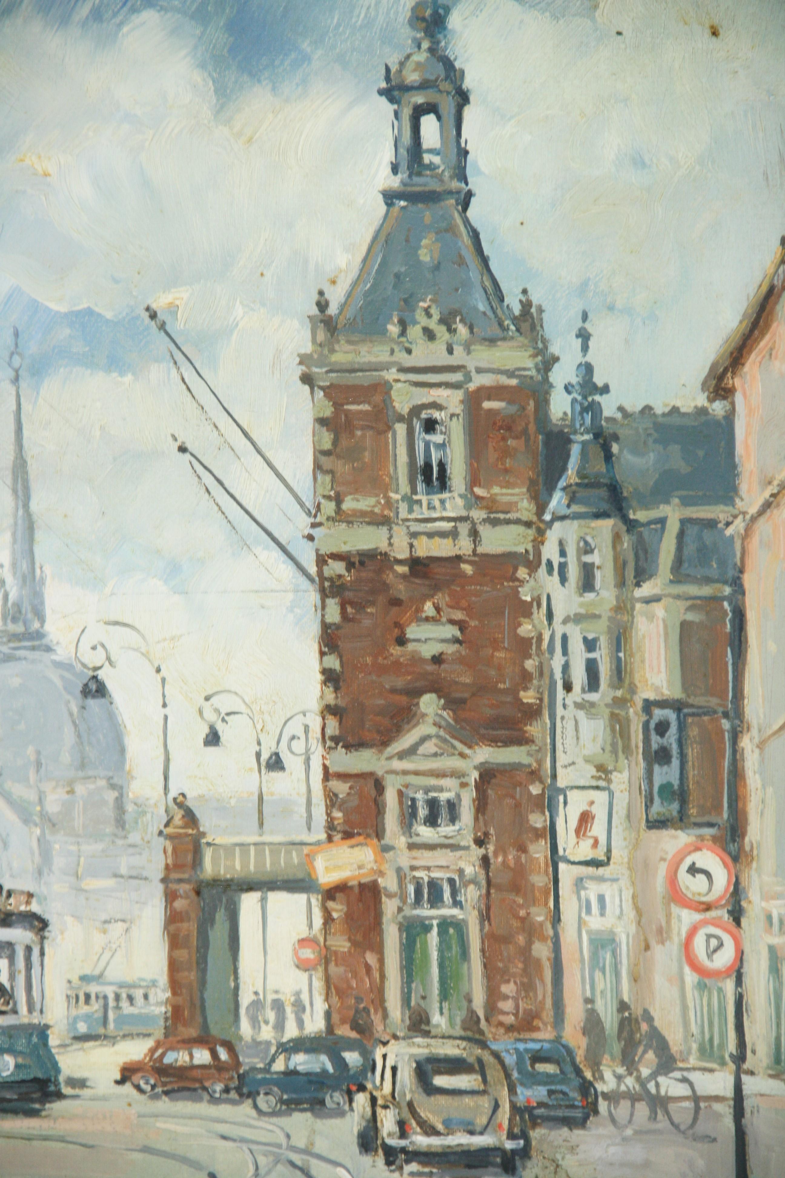 Antique oil Amsterdam Leidseplein City Scape 1940's For Sale 1