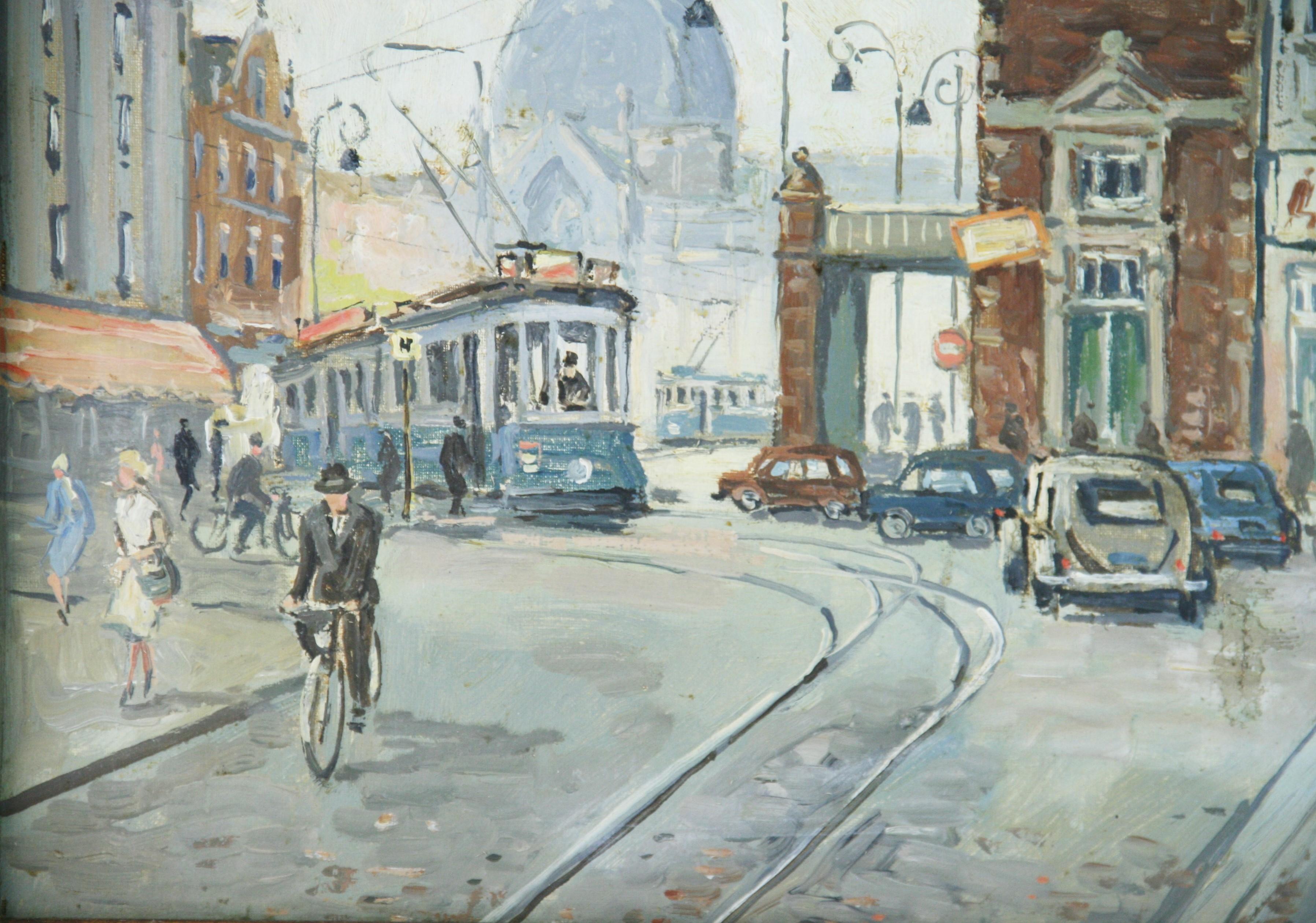 Antique oil Amsterdam Leidseplein City Scape 1940's For Sale 2