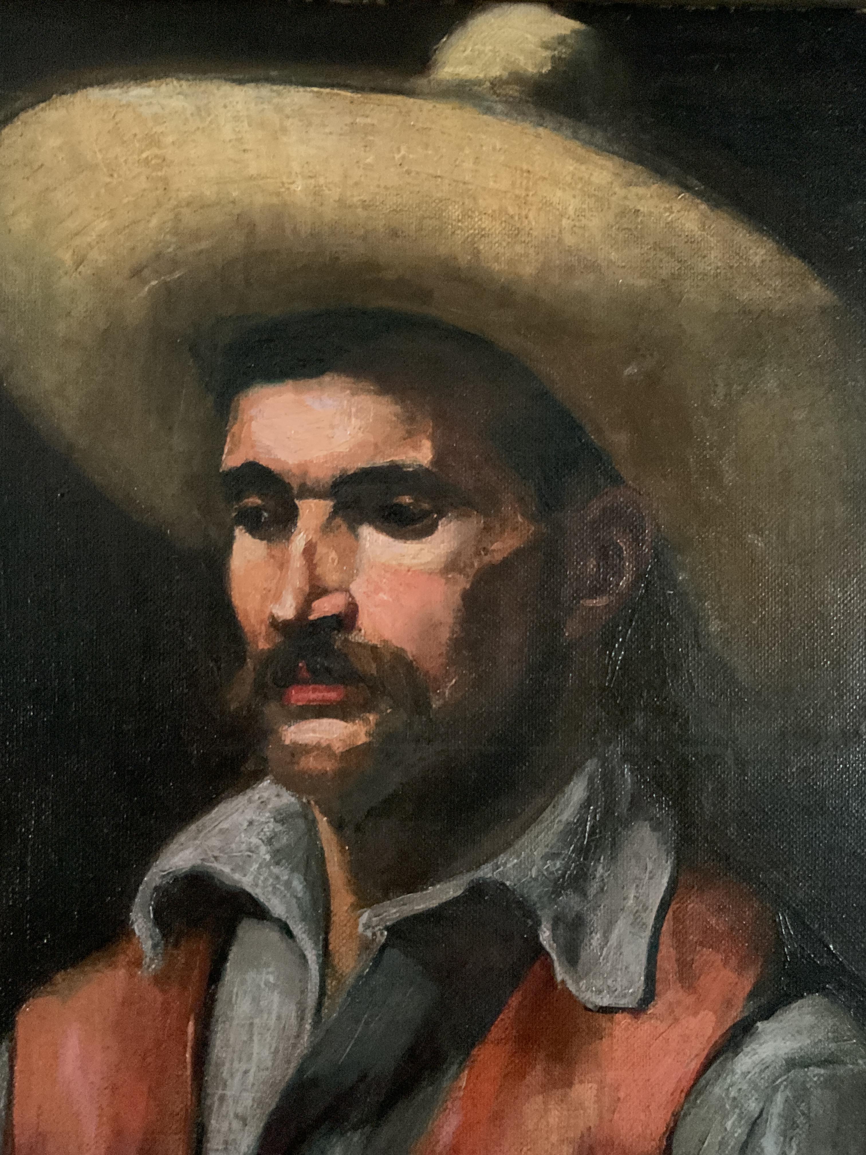 Antique Oil on Canvas Portrait of a Handsome Gaucho or Cowboy, American ca 1920 - Post-Impressionist Painting by Unknown